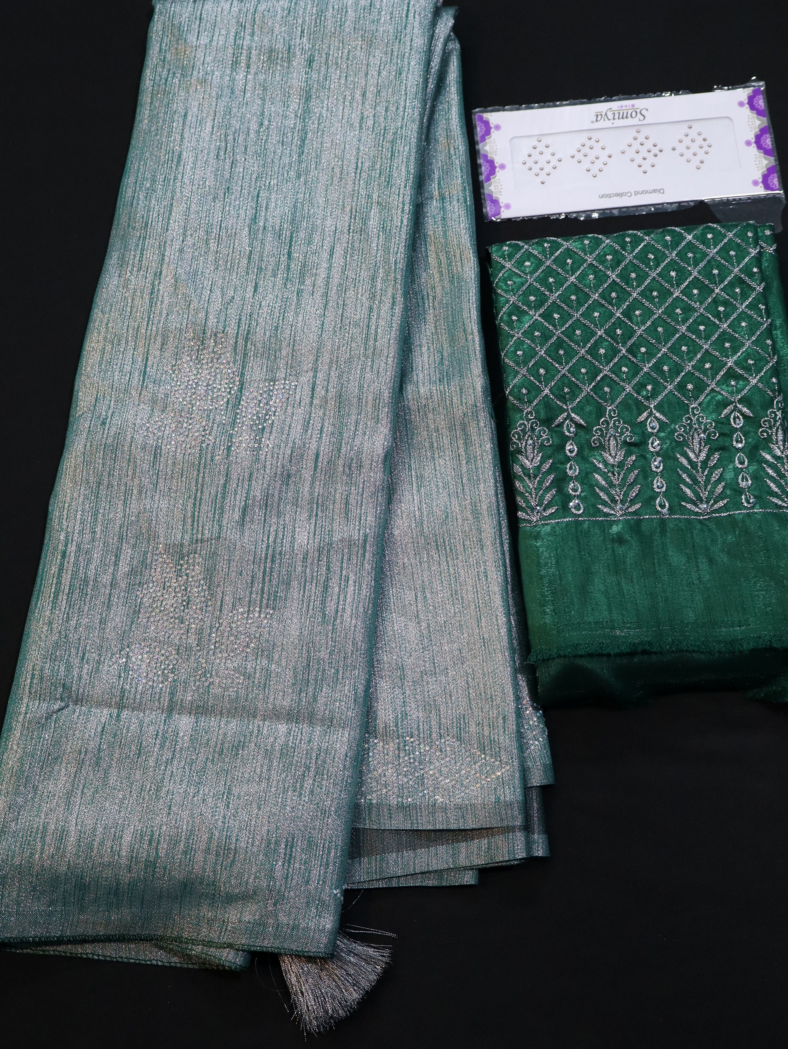 BROCADE SAREE WITH DESIGNER BLOUSE AND BHINDI COMBO-SAPPHIRE