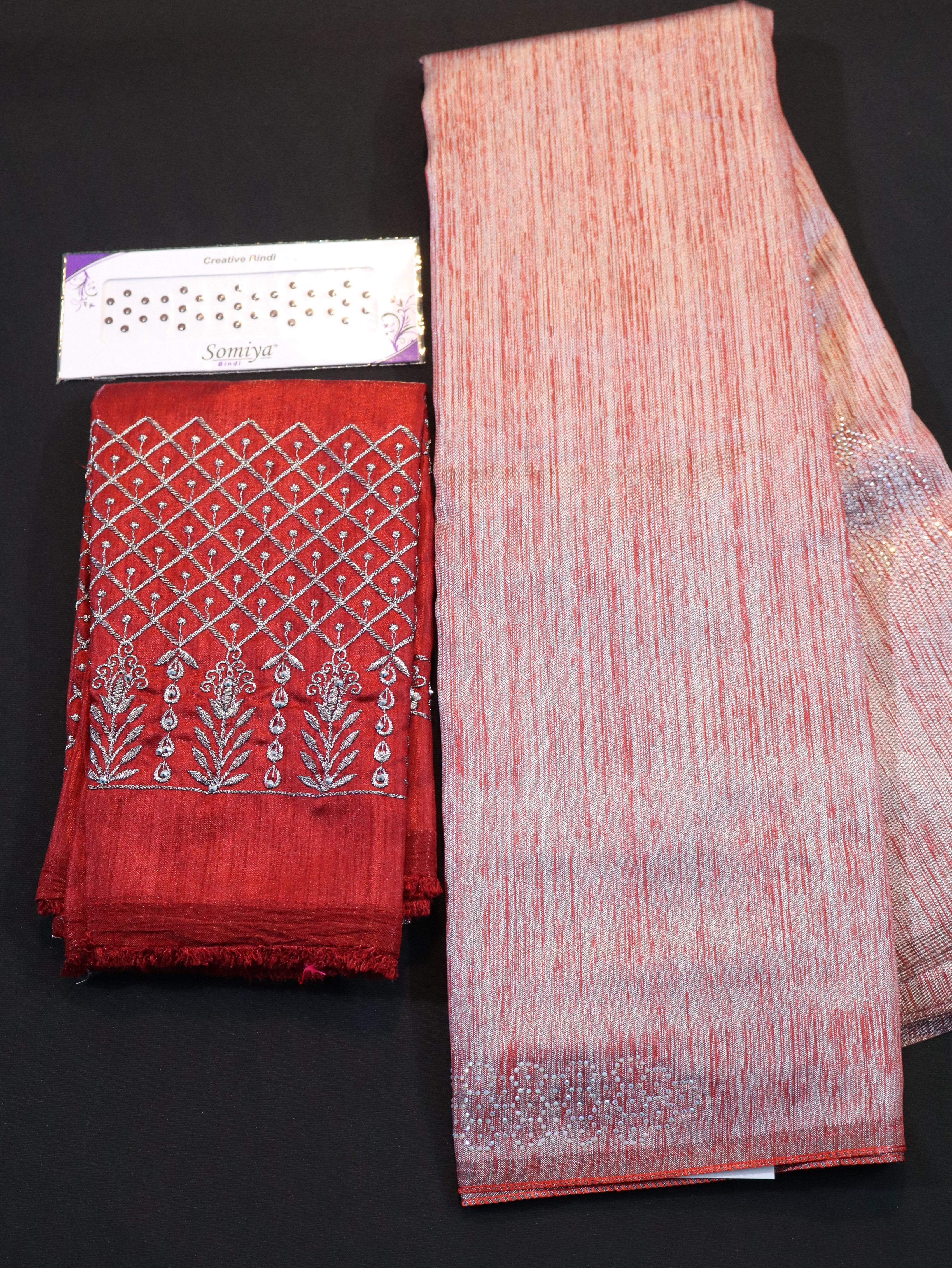BROCADE SAREE WITH DESIGNER BLOUSE AND BHINDI COMBO-ONION PINK