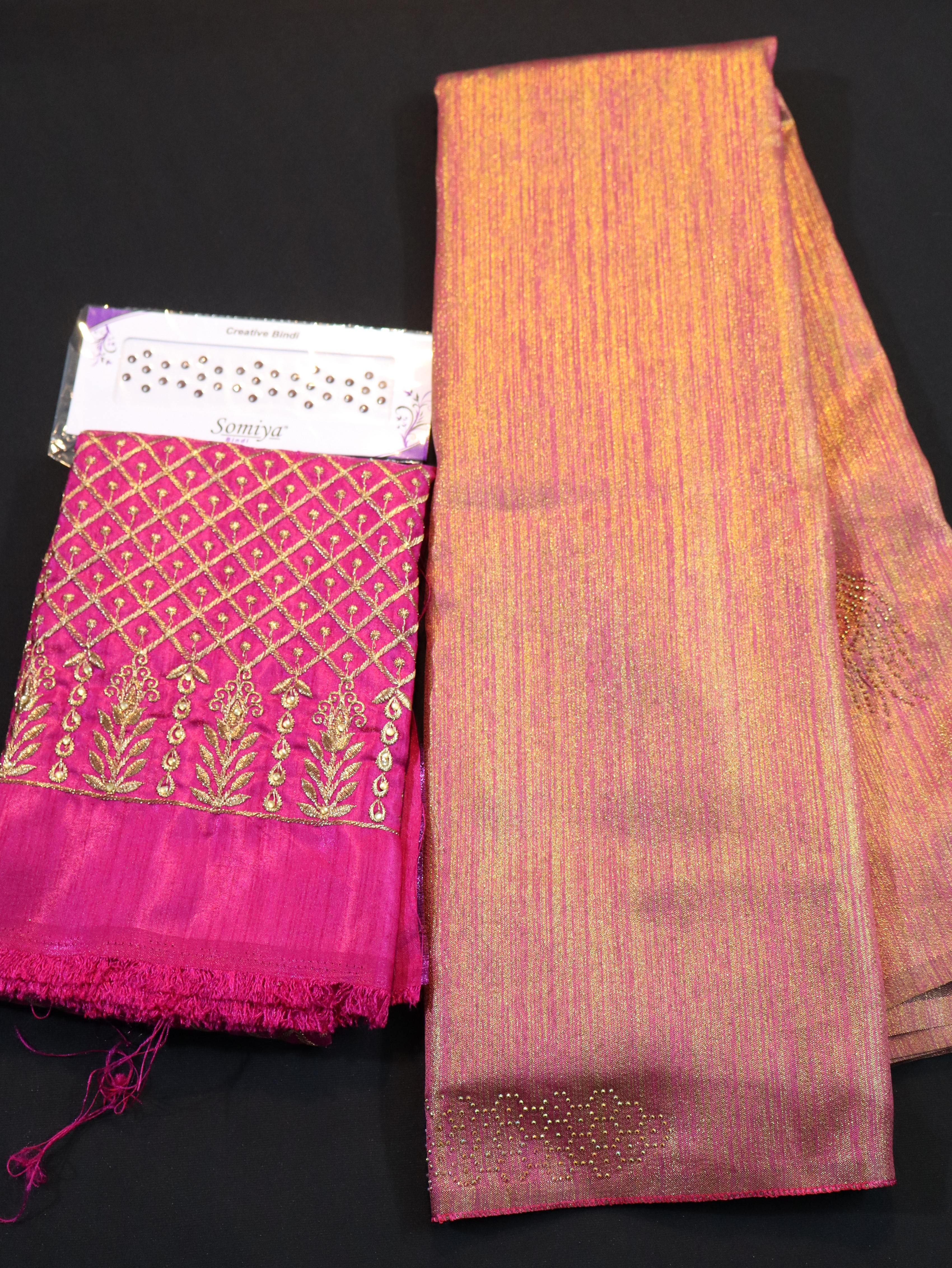 BROCADE SAREE WITH DESIGNER BLOUSE AND BHINDI COMBO-ROSE GOLD