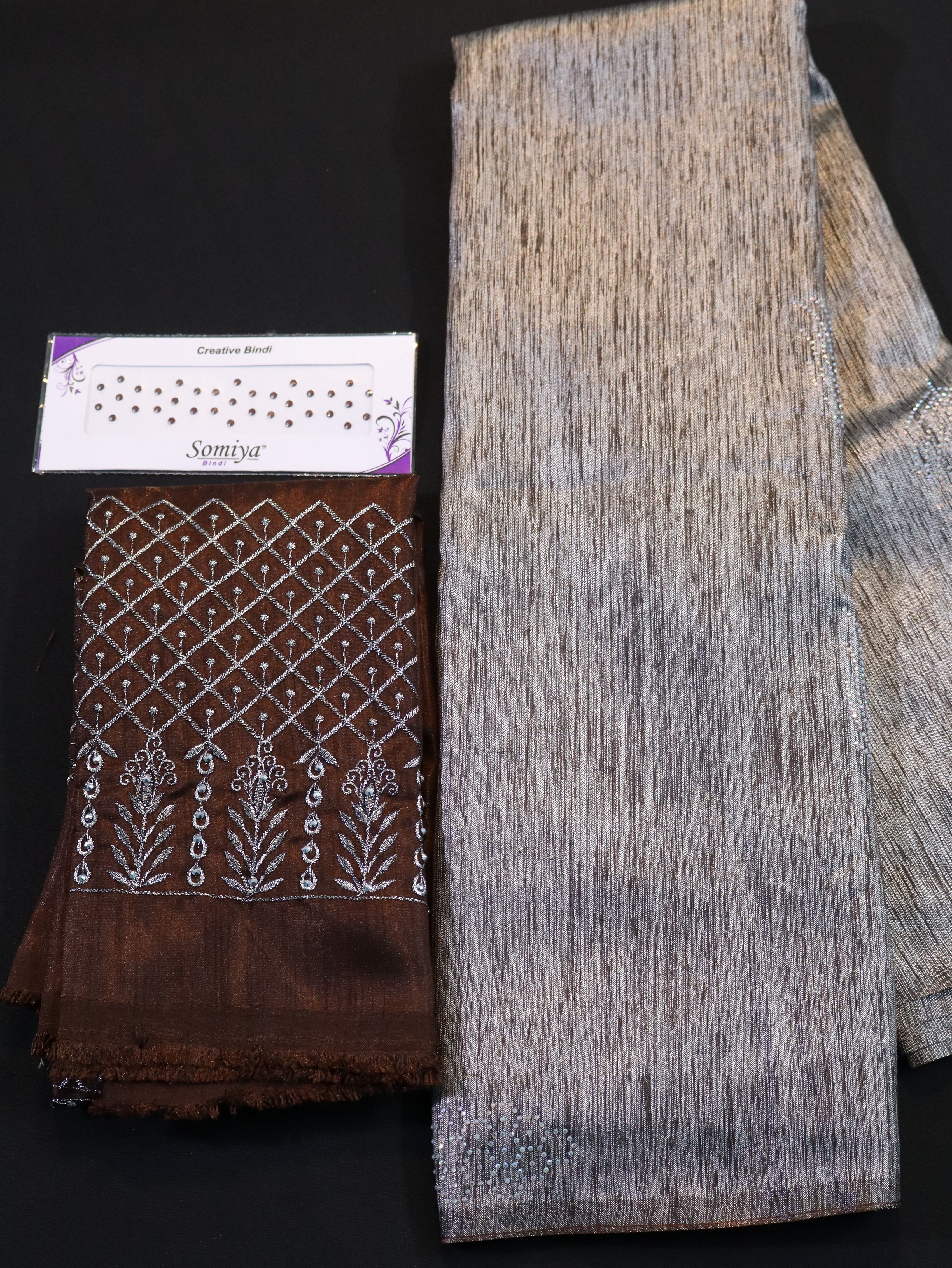 BROCADE SAREE WITH DESIGNER BLOUSE AND BHINDI COMBO-GREY BROWN