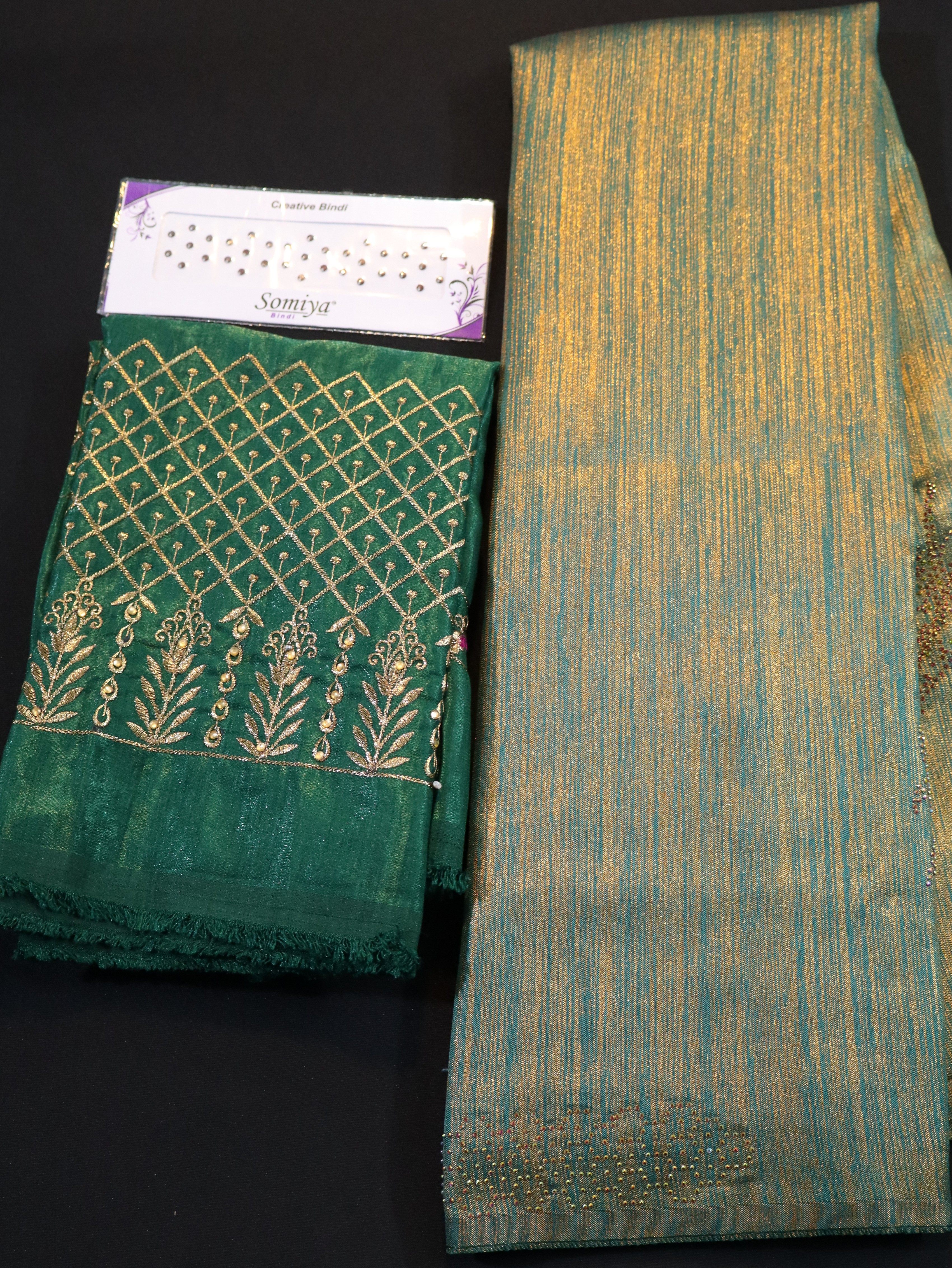 BROCADE SAREE WITH DESIGNER BLOUSE AND BHINDI COMBO-OLIVE GREEN