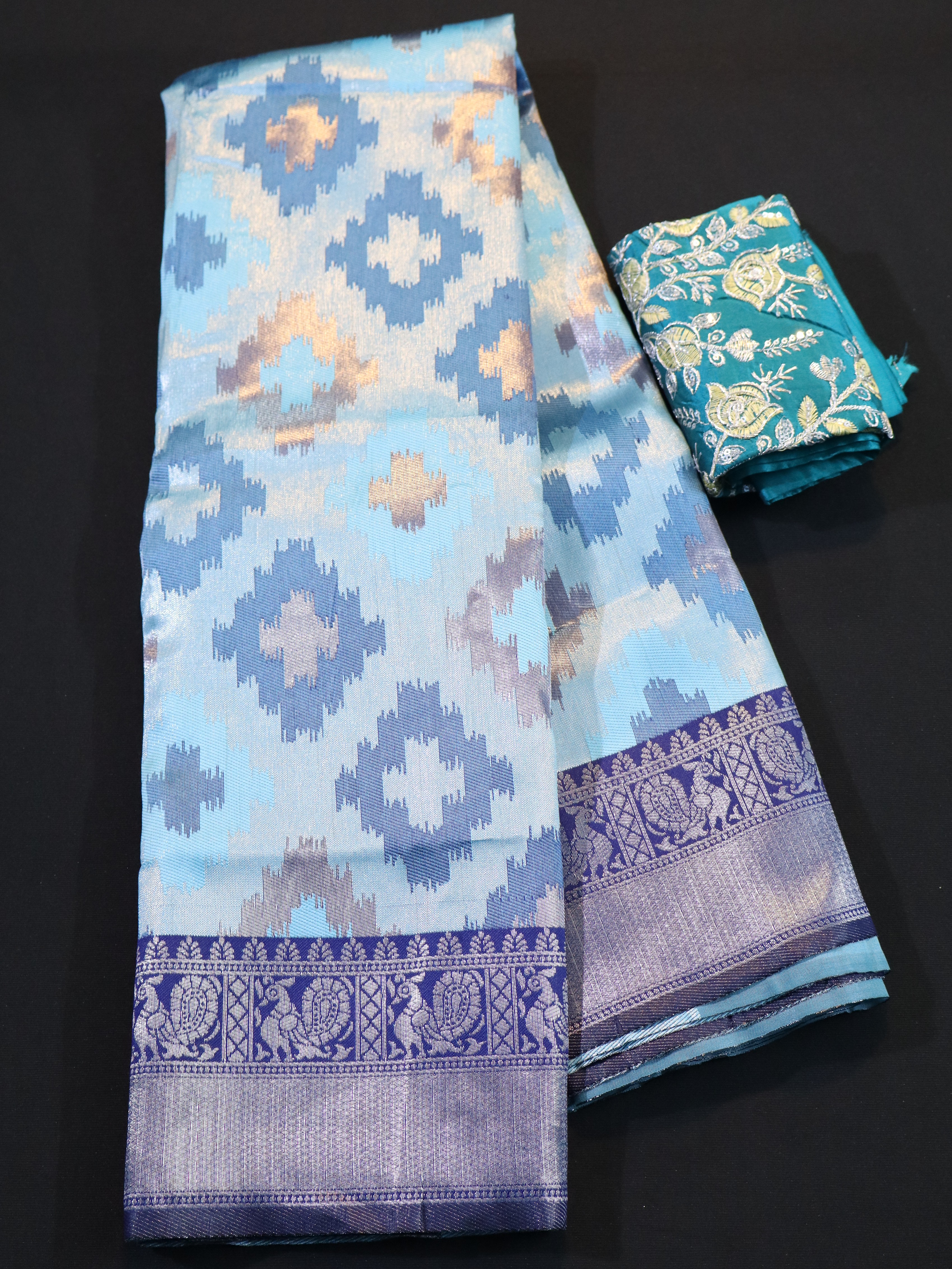 TRADITIONAL BORDER WITH EMBOSS WITH DESIGNER BLOUSE-PASTEL BLUE