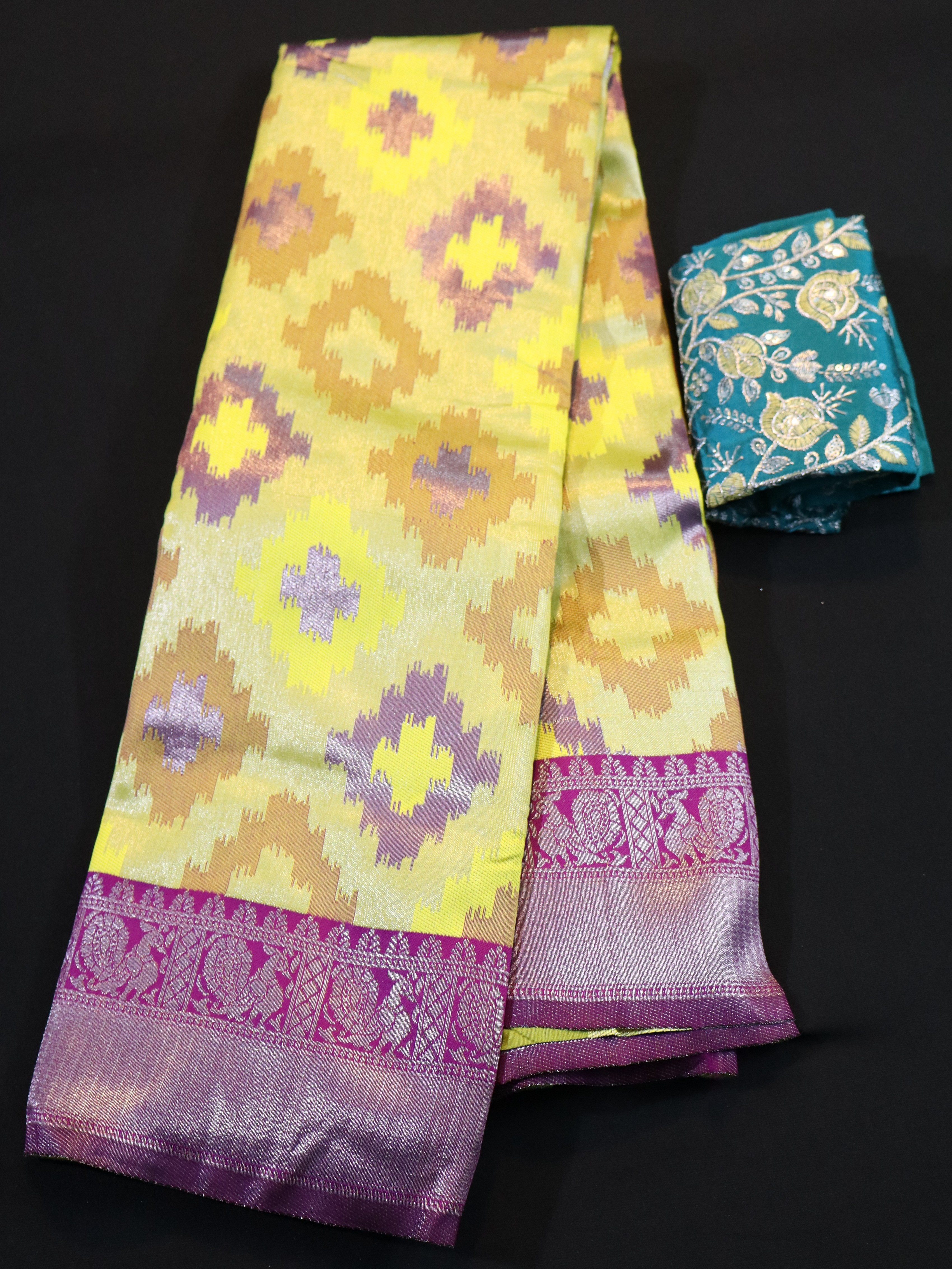 TRADITIONAL BORDER WITH EMBOSS WITH DESIGNER BLOUSE-YELLOW/RED
