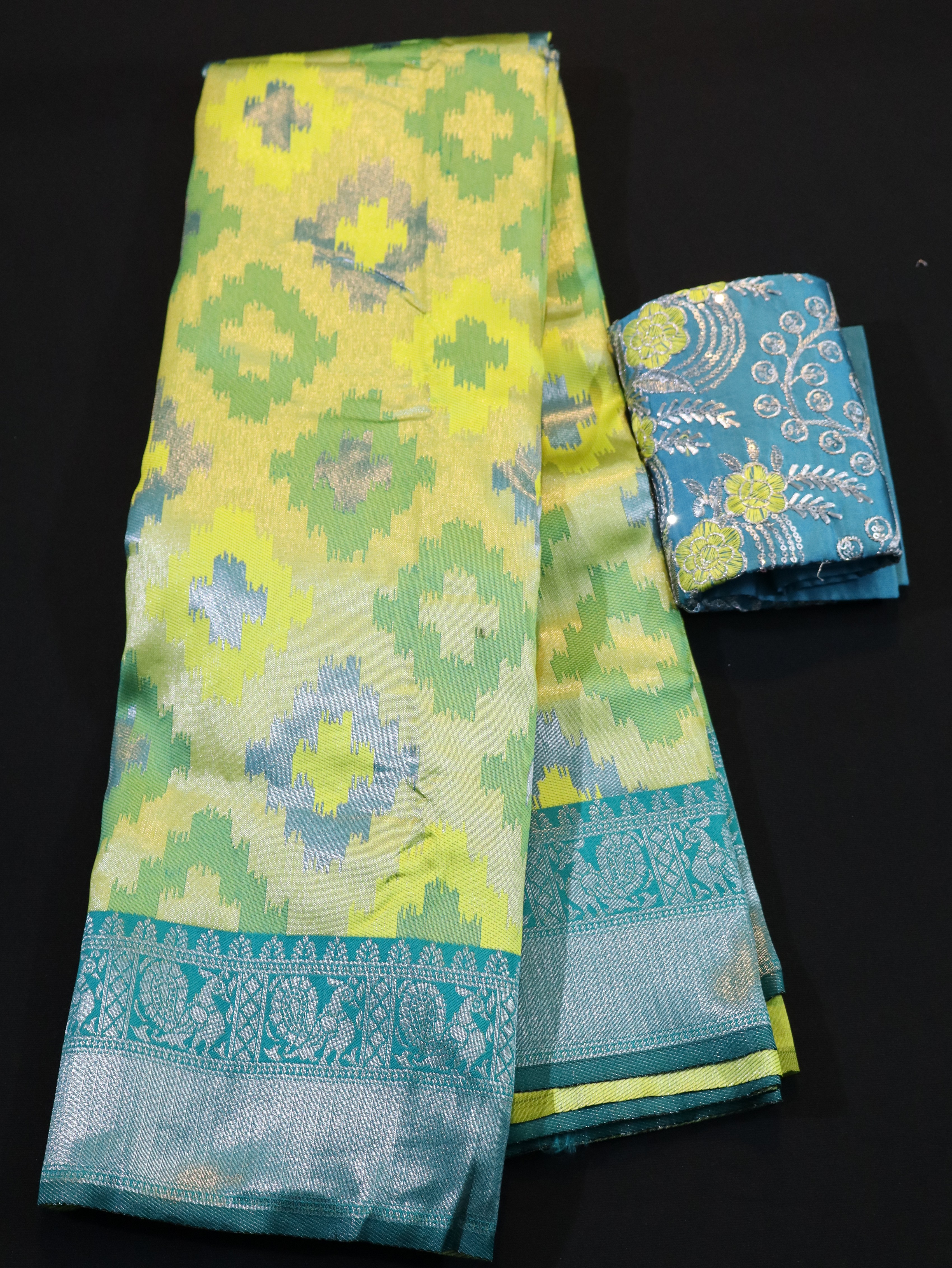 TRADITIONAL BORDER WITH EMBOSS WITH DESIGNER BLOUSE-YELLOW