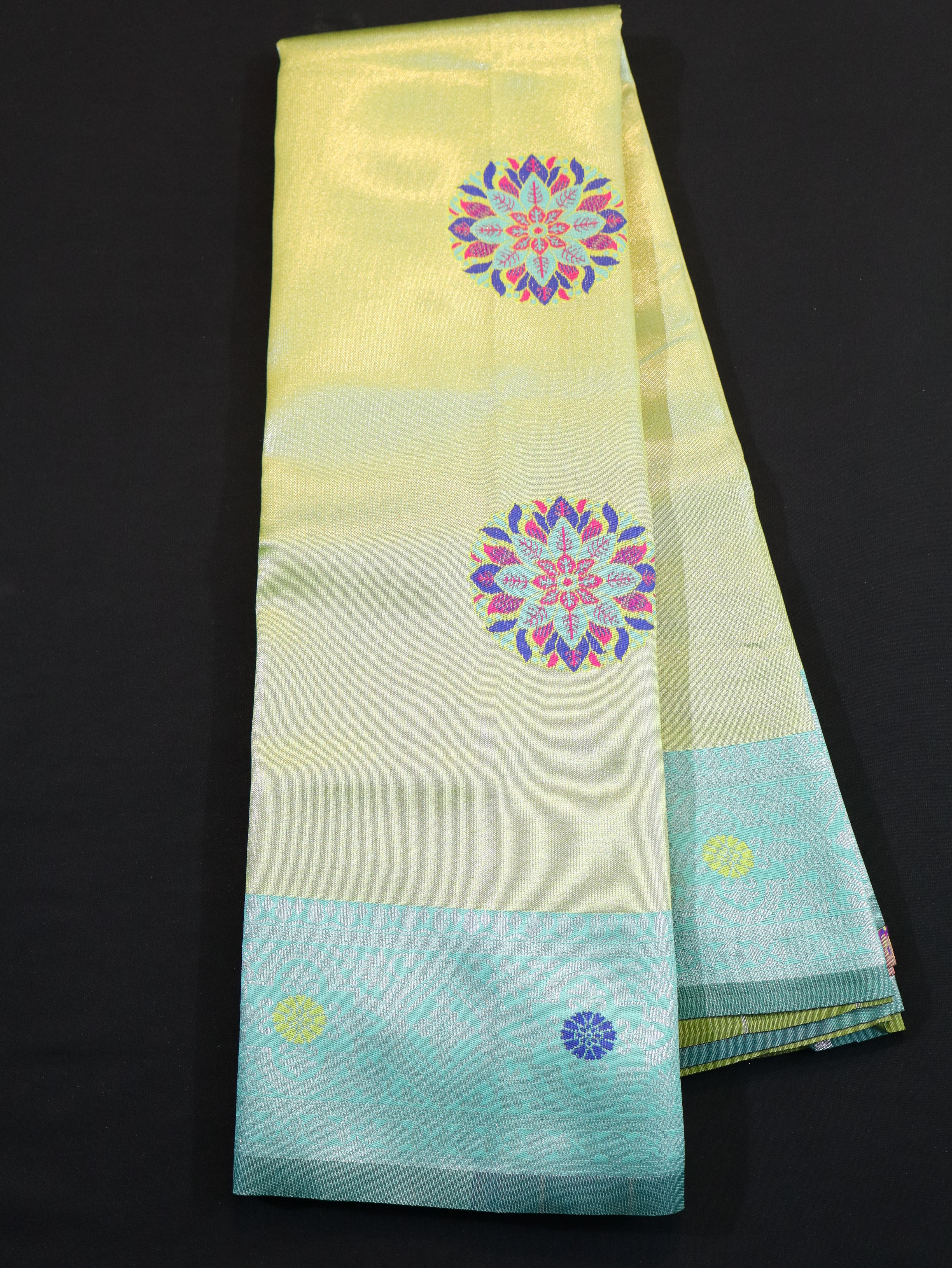 EMBOSSED MEENA BUTTA WITH KANCHI BORDER-YELLOW/GREEN