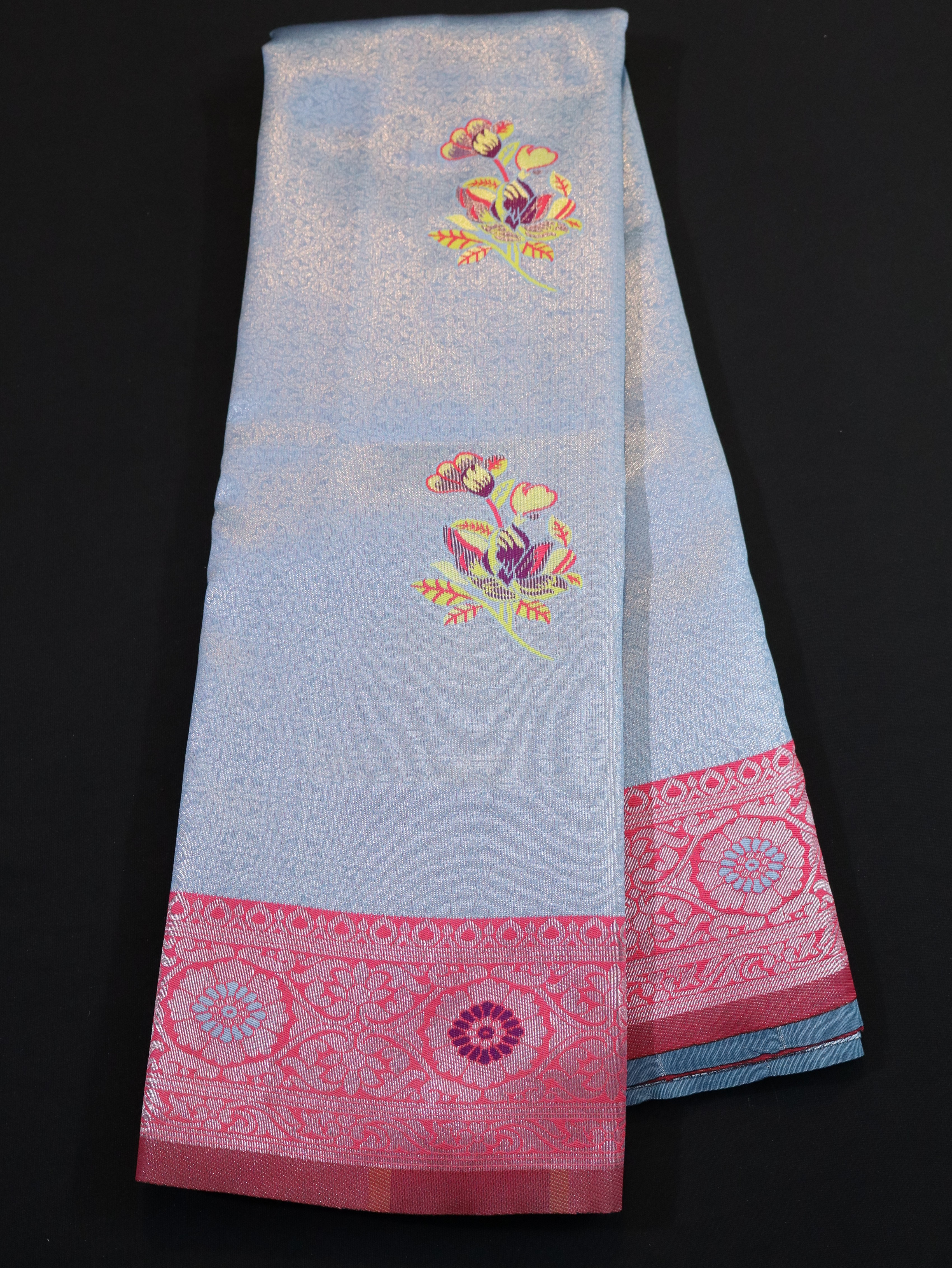EMBOSSED MEENA BUTTA WITH KANCHI BORDER-GREY BLUE