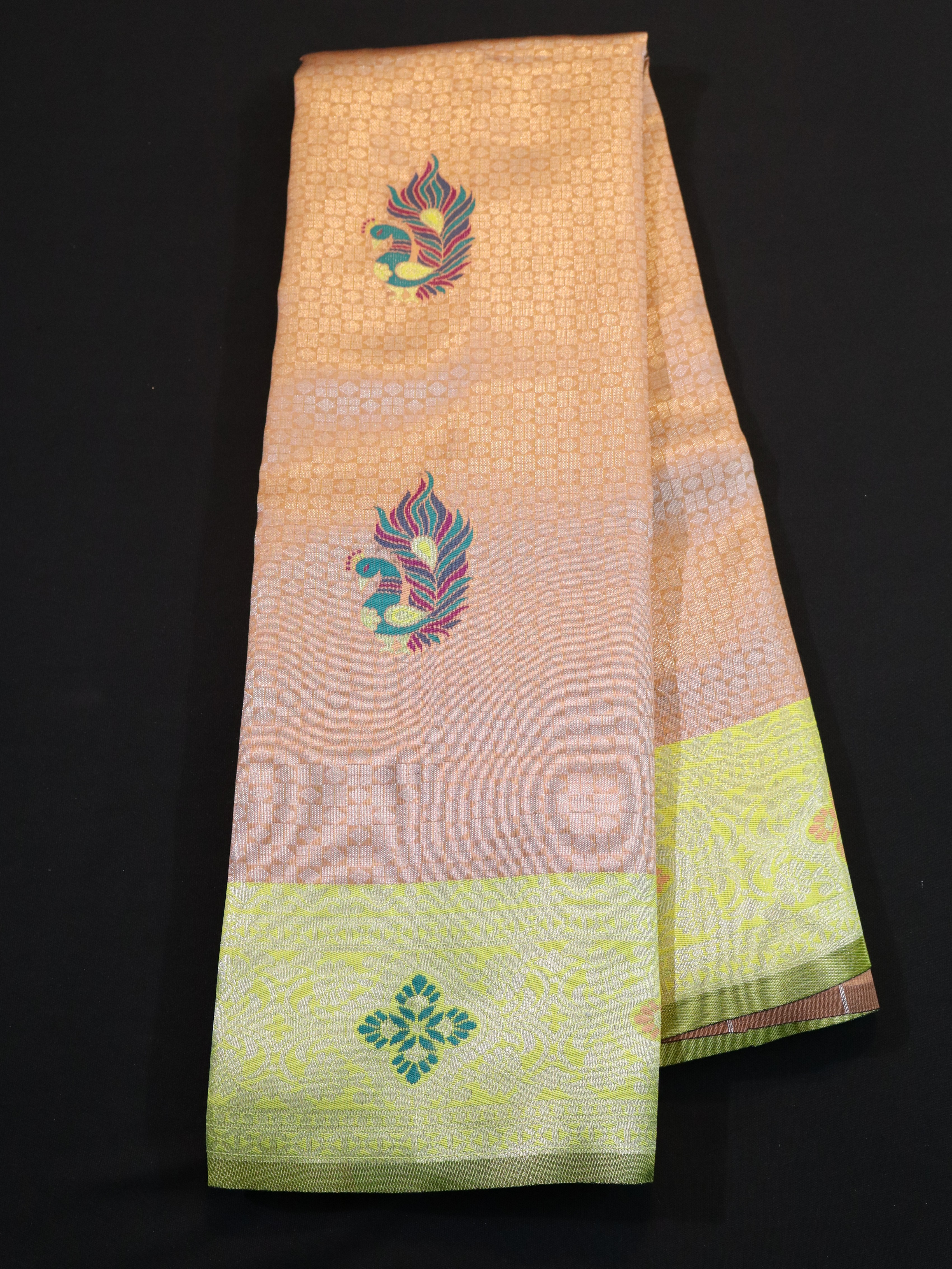 EMBOSSED MEENA BUTTA WITH KANCHI BORDER-ORANGE YELLOW