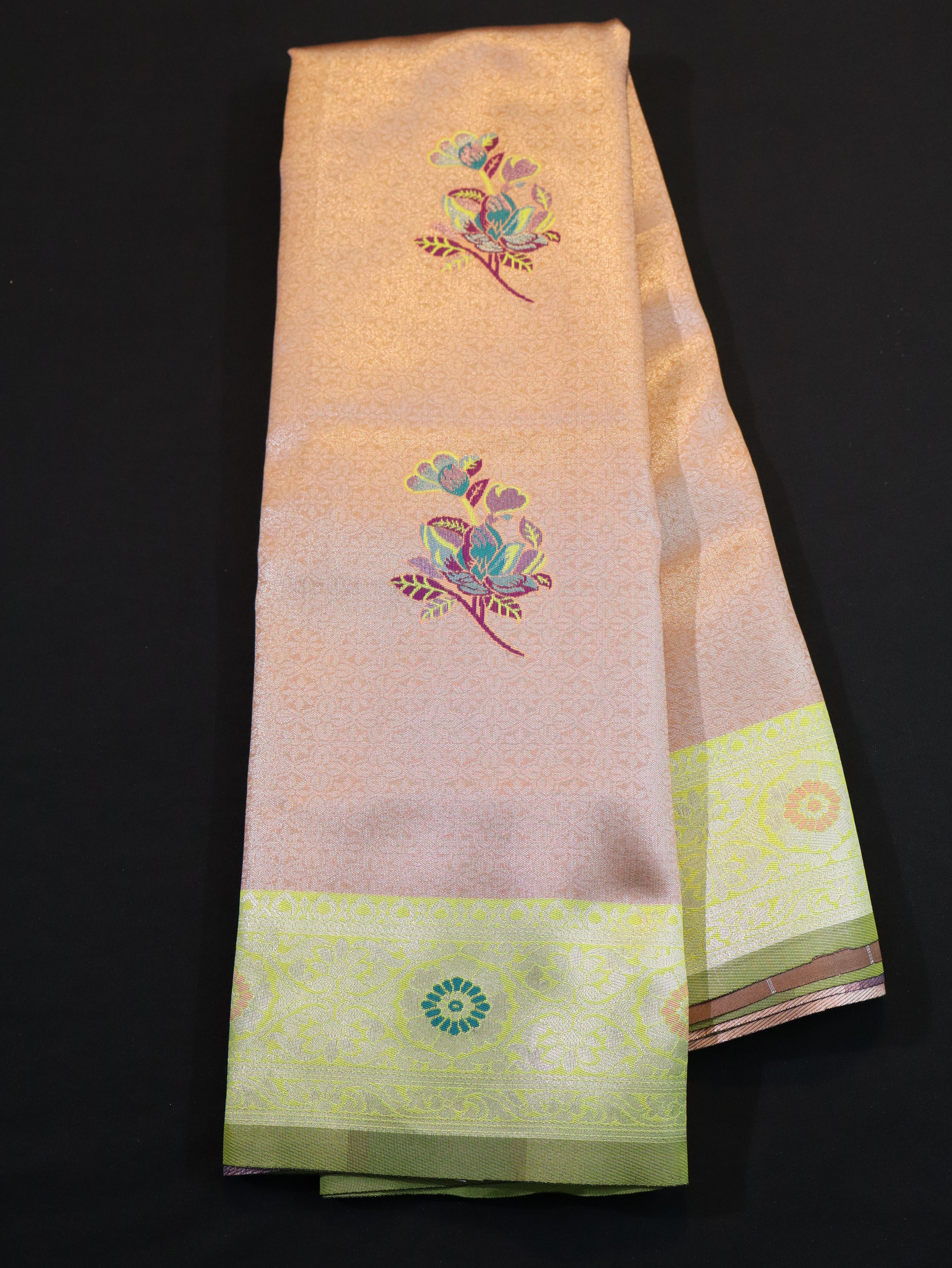 EMBOSSED MEENA BUTTA WITH KANCHI BORDER-PINK/YELLOW