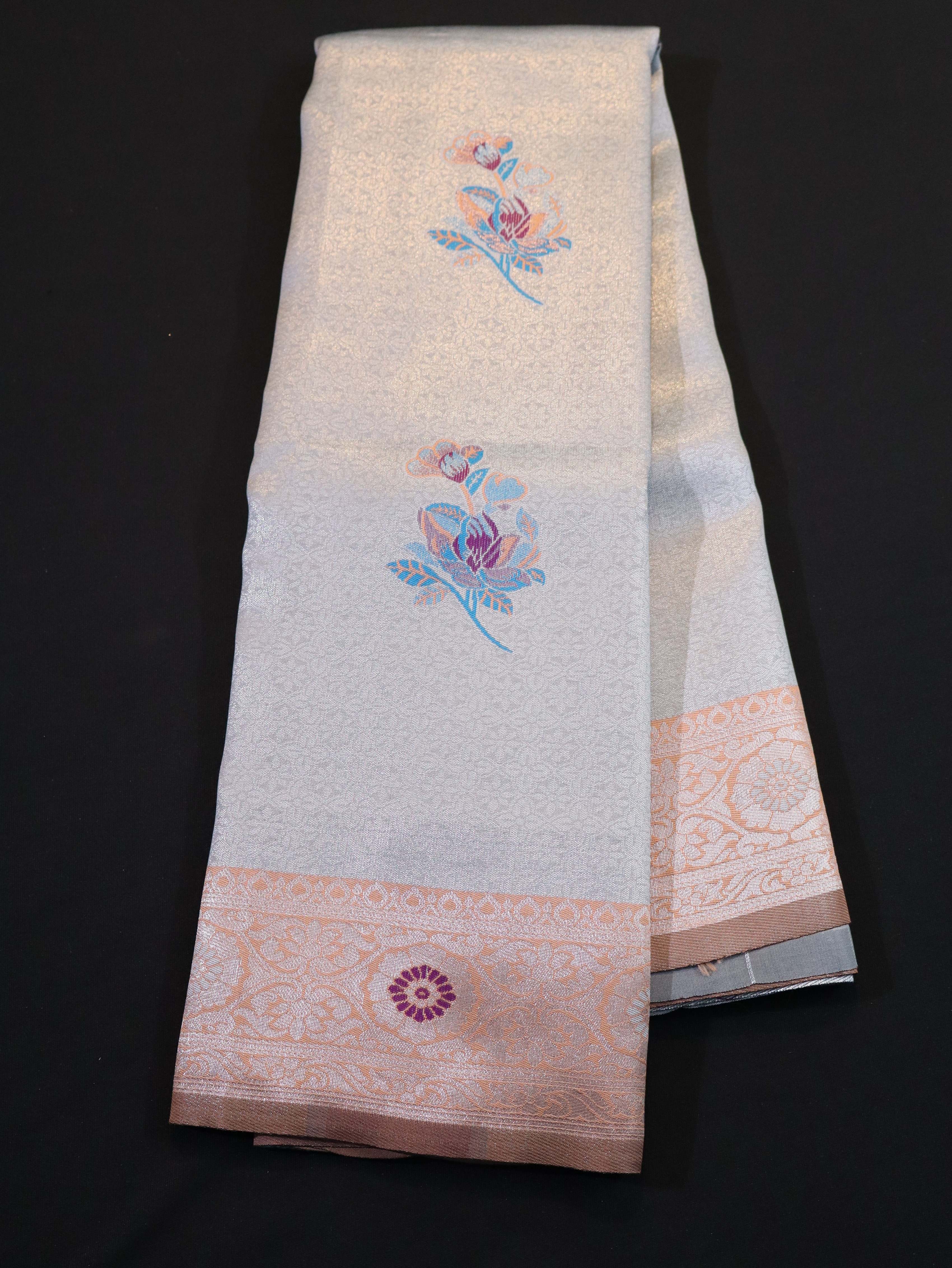 EMBOSSED MEENA BUTTA WITH KANCHI BORDER-BLUE ORANGE