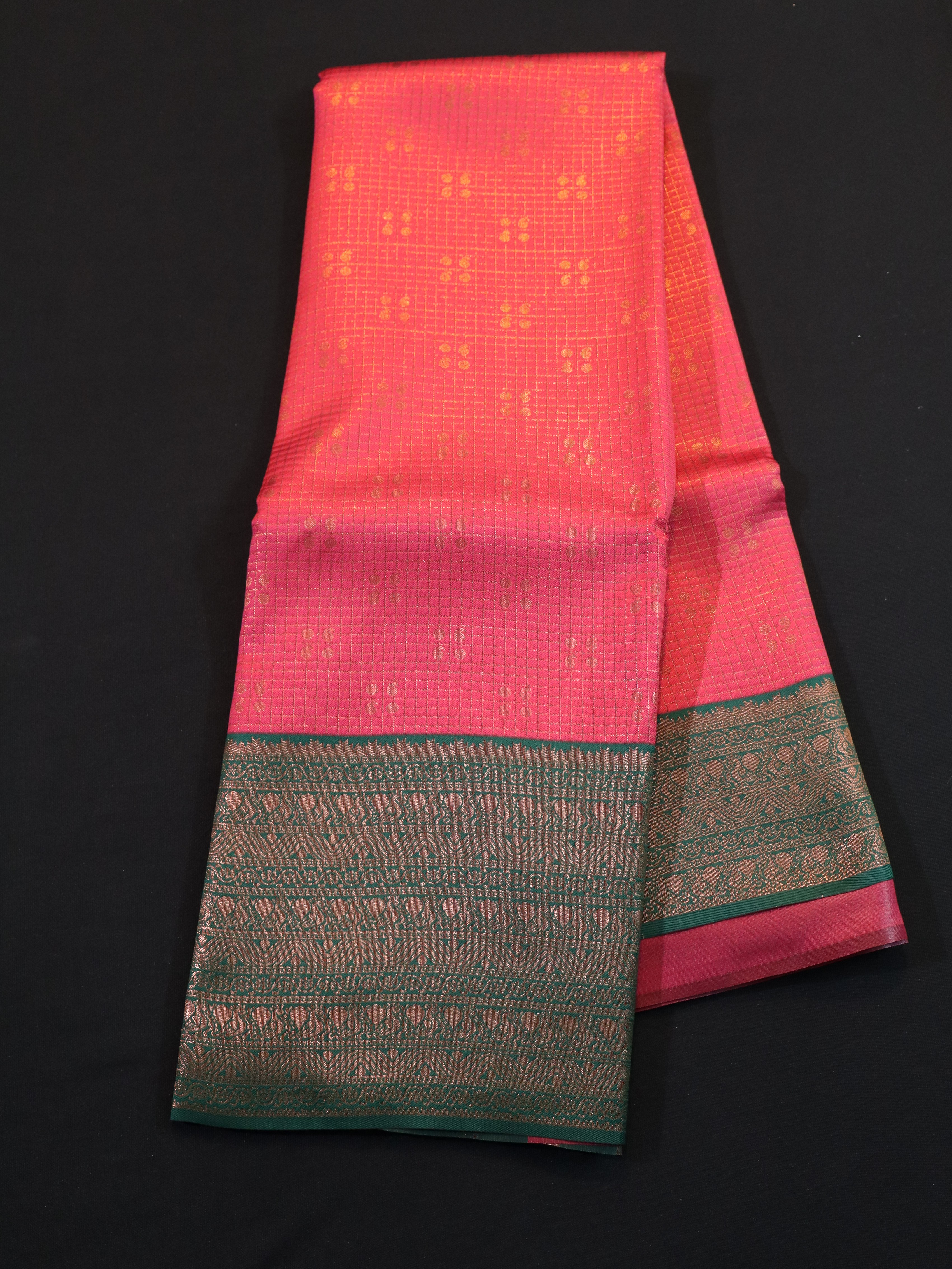 KANCHI BORDER WITH CHECKED AND BUTTA-ORANGE GREEN