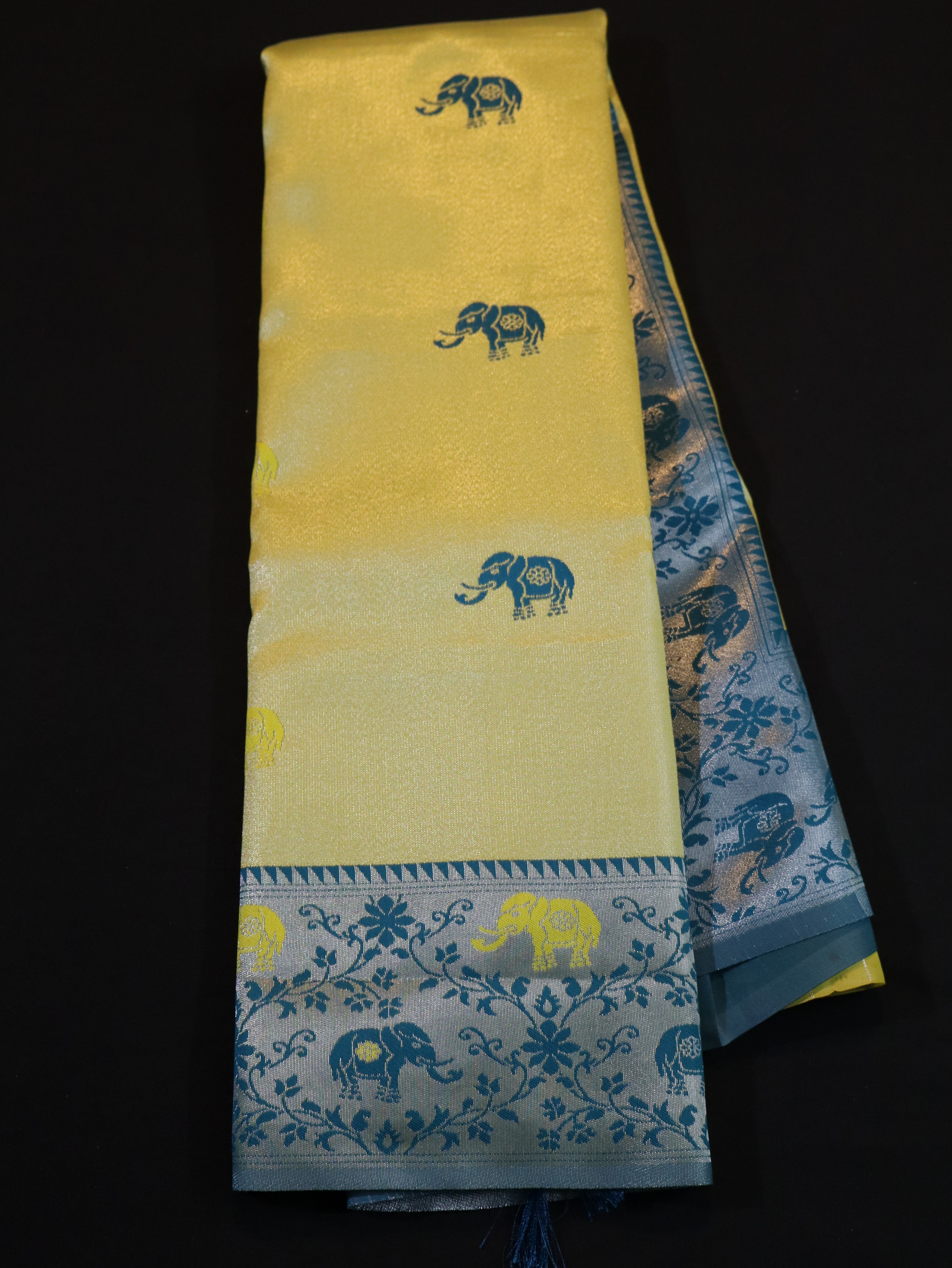 KANCHI TYPE BORDER WITH MOTIFS-YELLOW BLUE