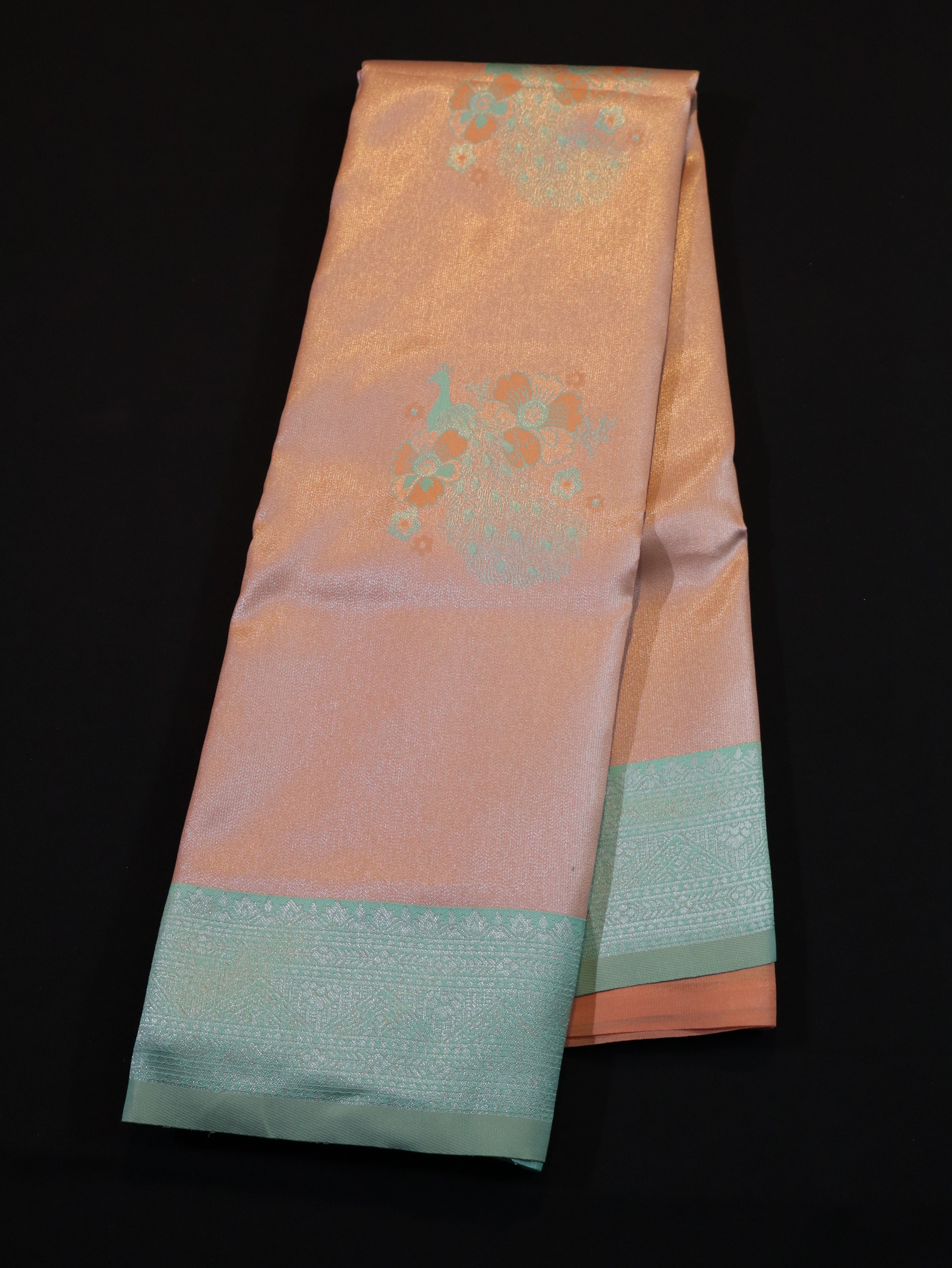 KANCHI TYPE BORDER WITH MOTIFS-ORANGE/RAMAR GREEN