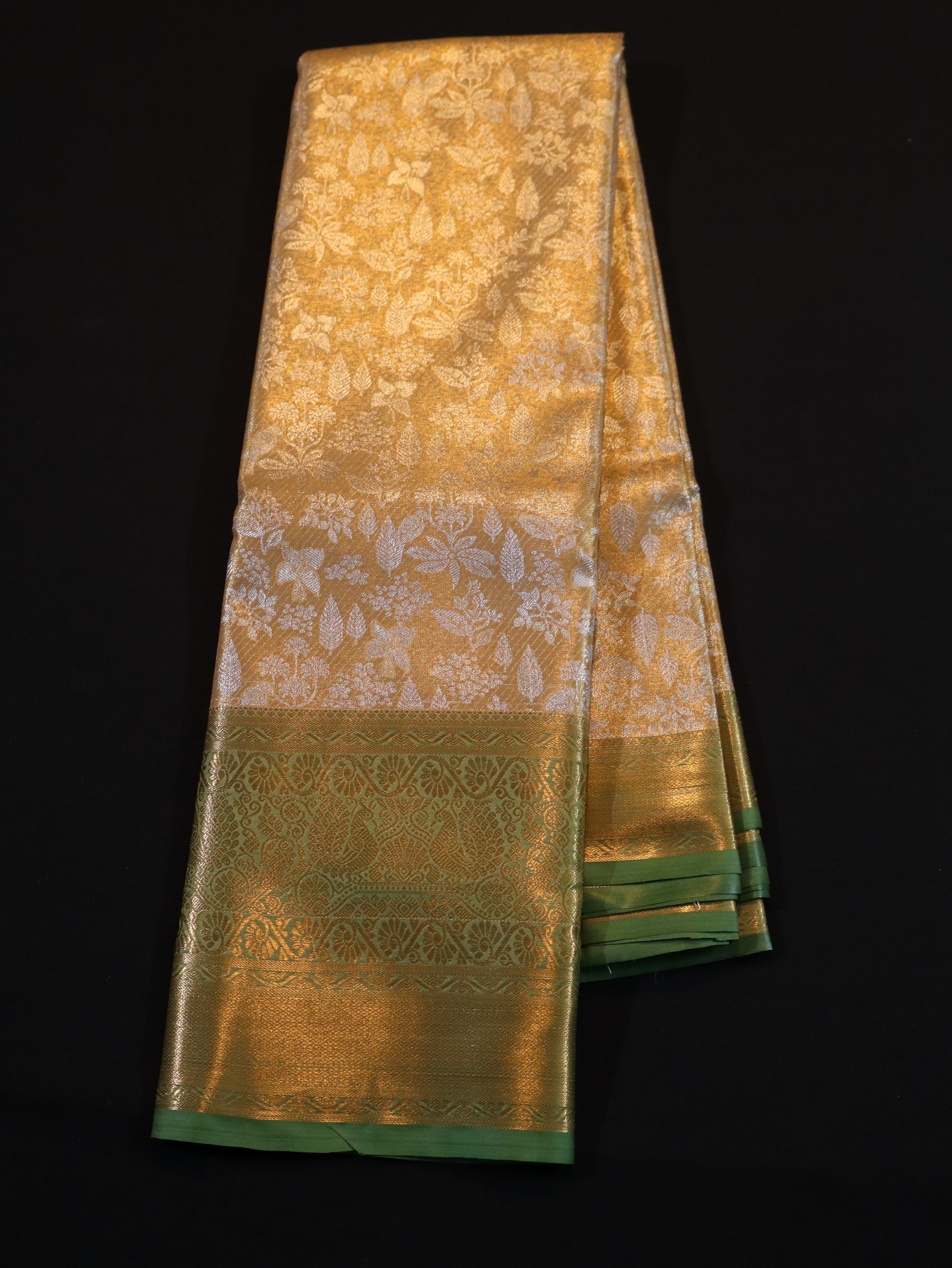 BRIDAL ZARI SELF WITH BORDER-GOLDEN GREEN
