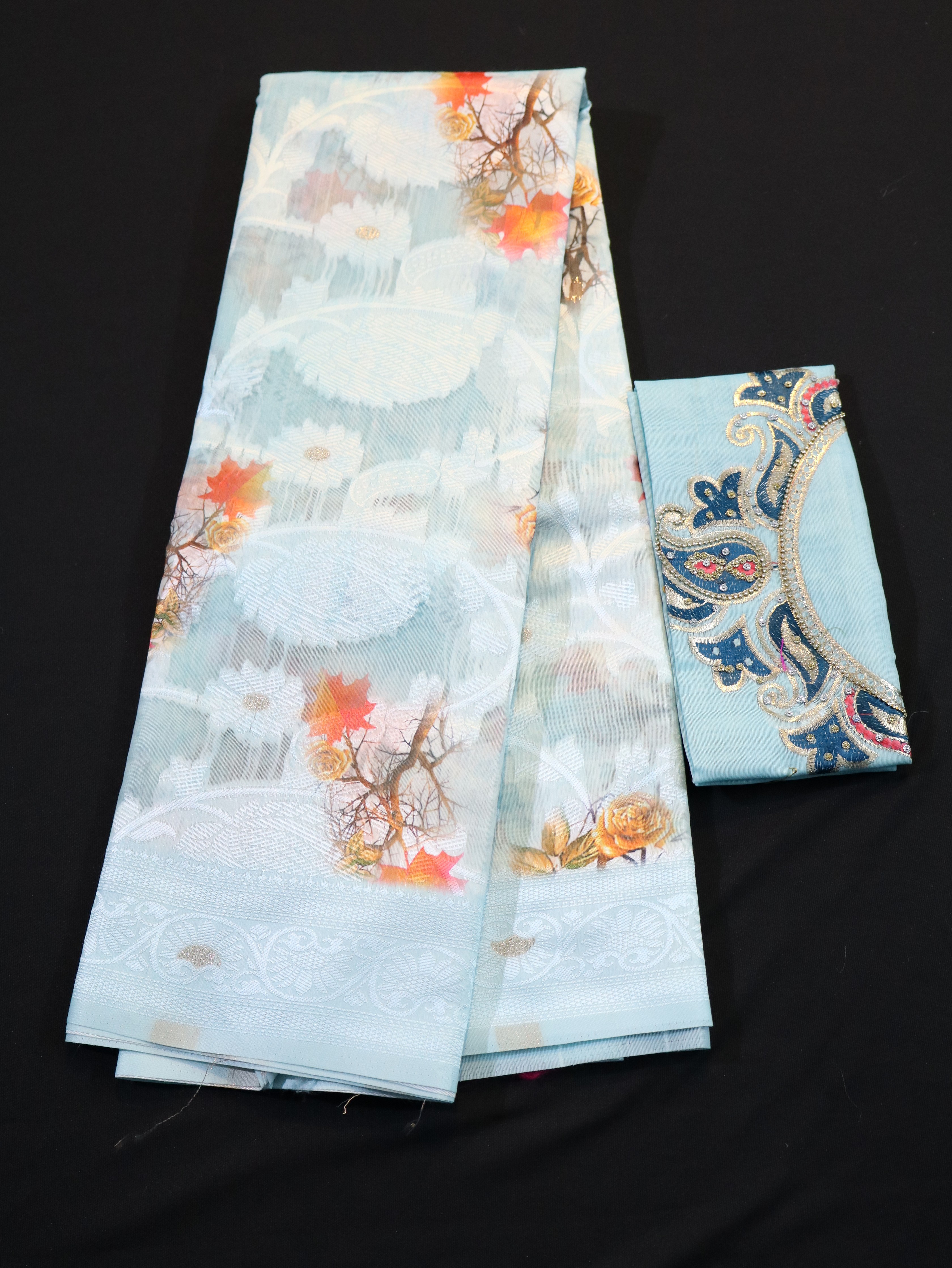 BODY EMBOSS BORDER BUTTA WITH DESIGNER BLOUSE-PASTEL BLUE