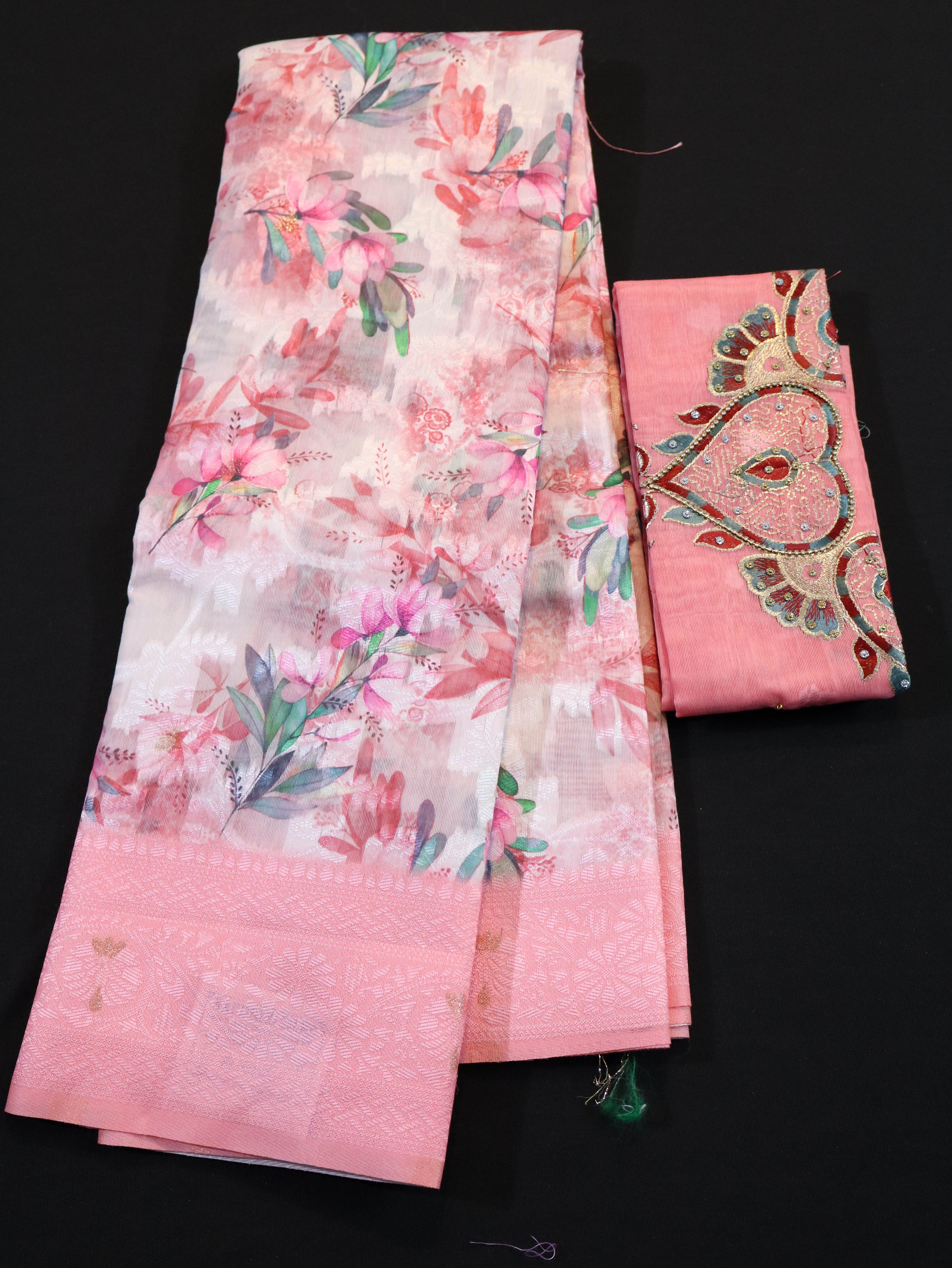 BODY EMBOSS BORDER BUTTA WITH DESIGNER BLOUSE-J PINK