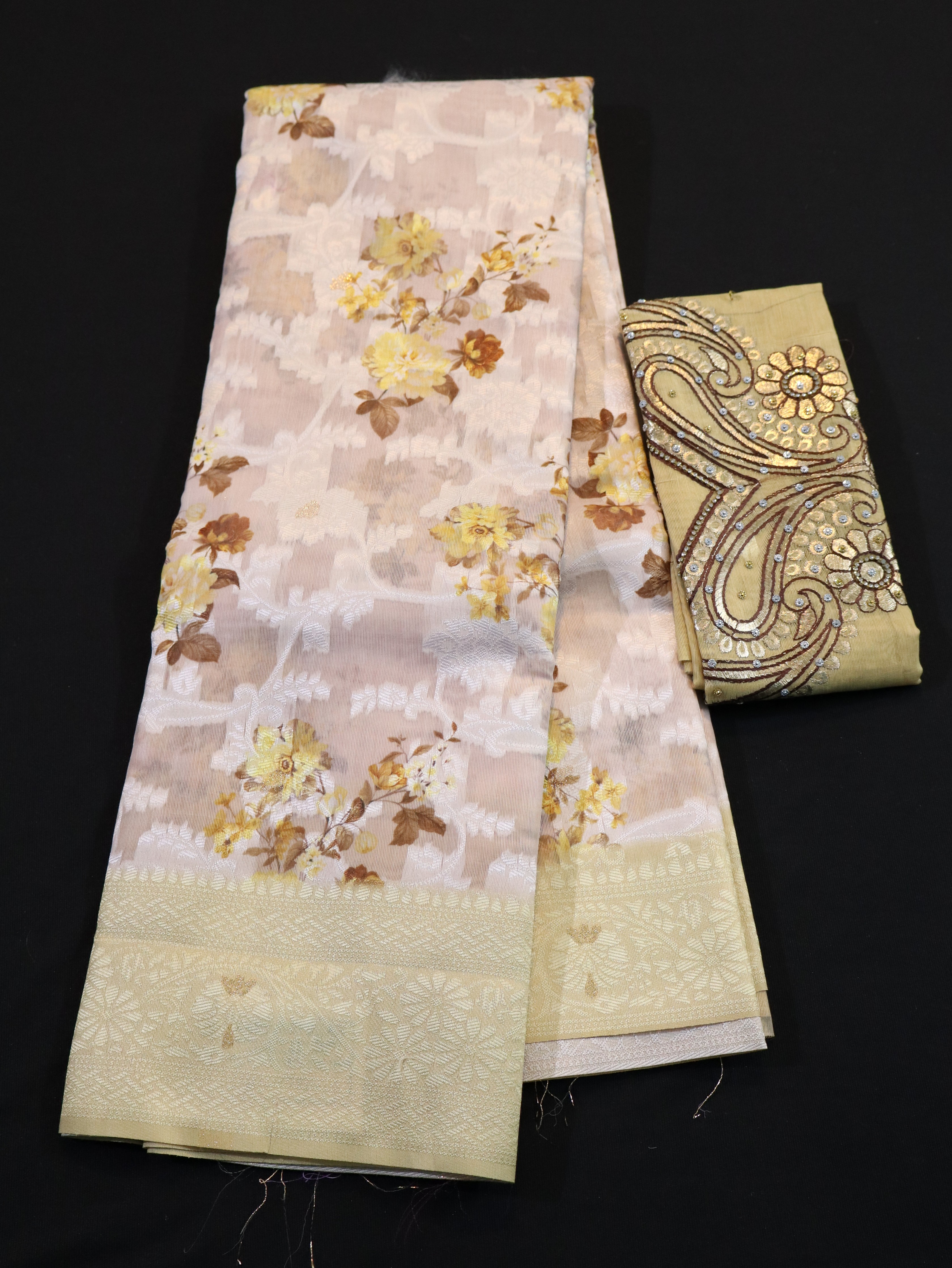 BODY EMBOSS BORDER BUTTA WITH DESIGNER BLOUSE-YELLOW WHITE