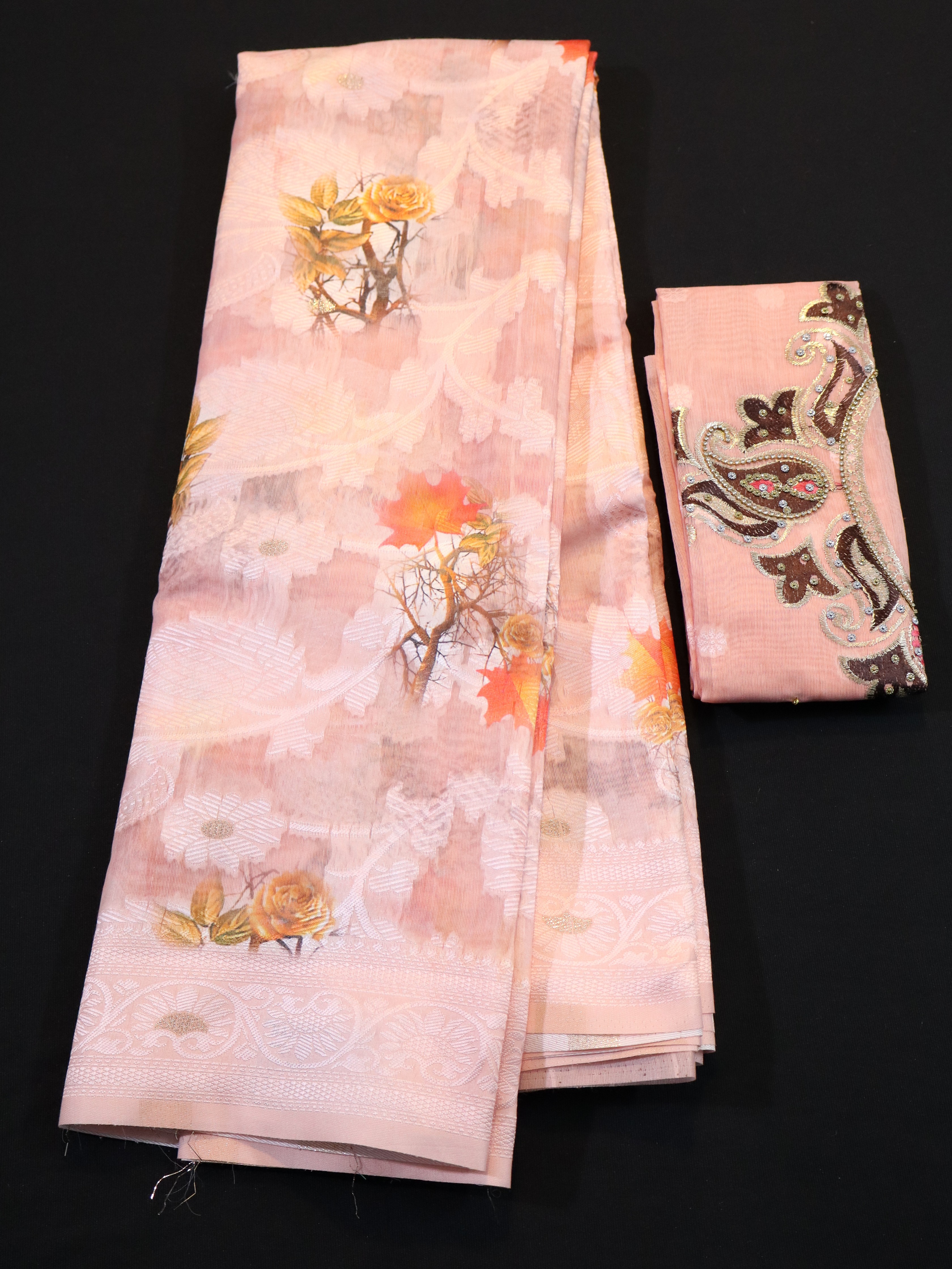 BODY EMBOSS BORDER BUTTA WITH DESIGNER BLOUSE-LIGHT PINK
