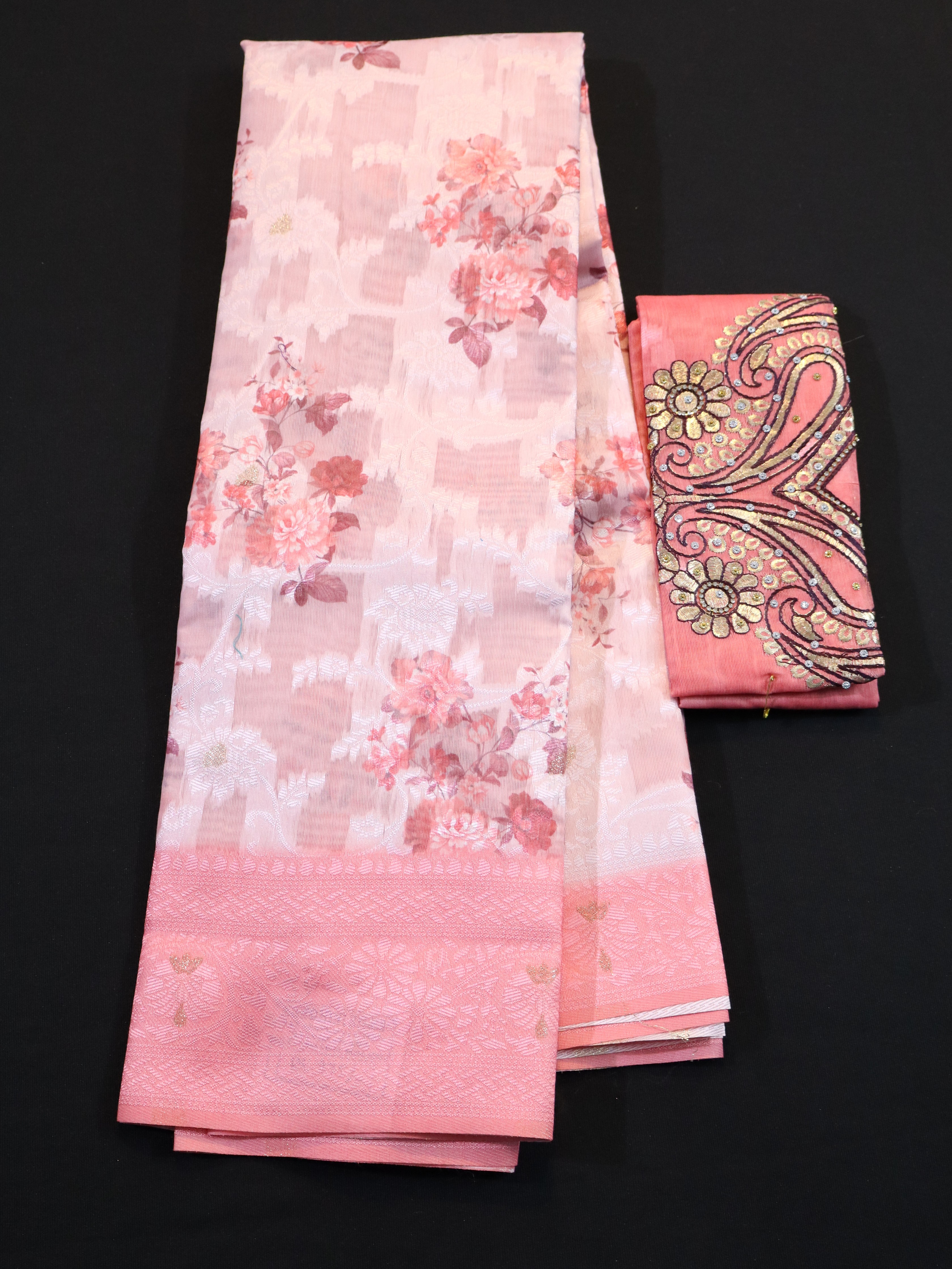 BODY EMBOSS BORDER BUTTA WITH DESIGNER BLOUSE-RED PINK