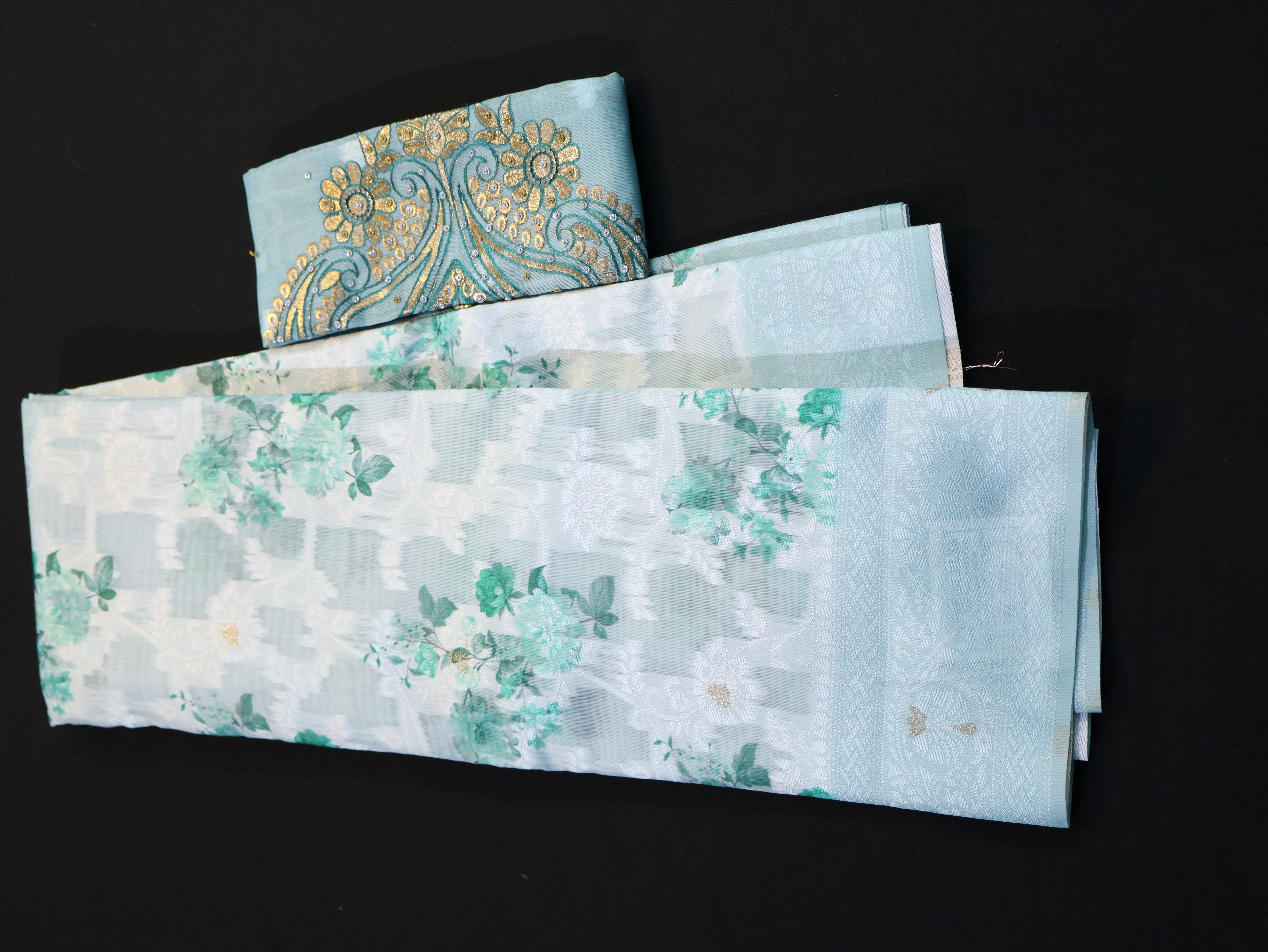 BODY EMBOSS BORDER BUTTA WITH DESIGNER BLOUSE-CYAN WHITE