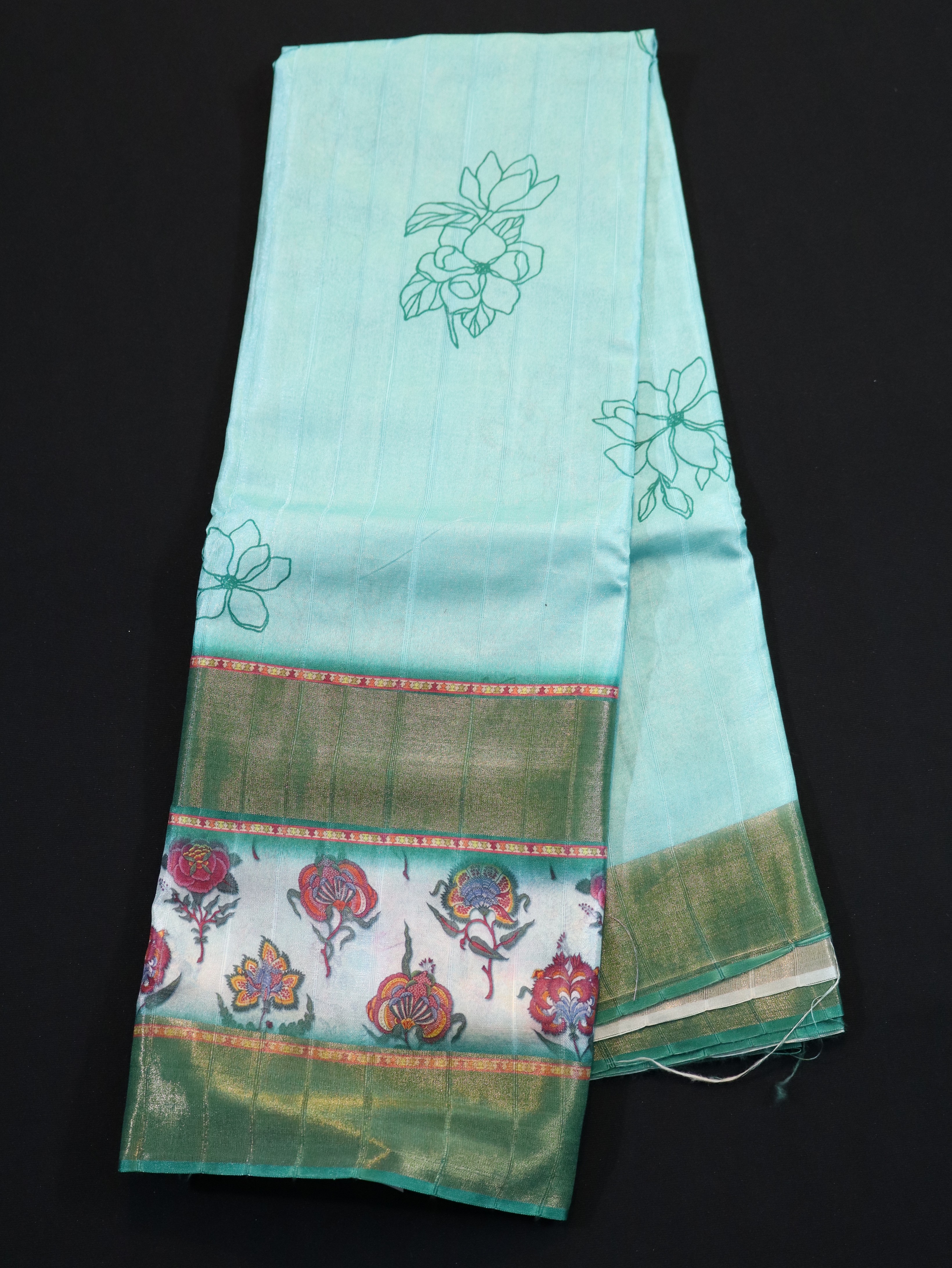 ZARI BORDER WITH DIGITAL PRINT BODY-CYAN RED