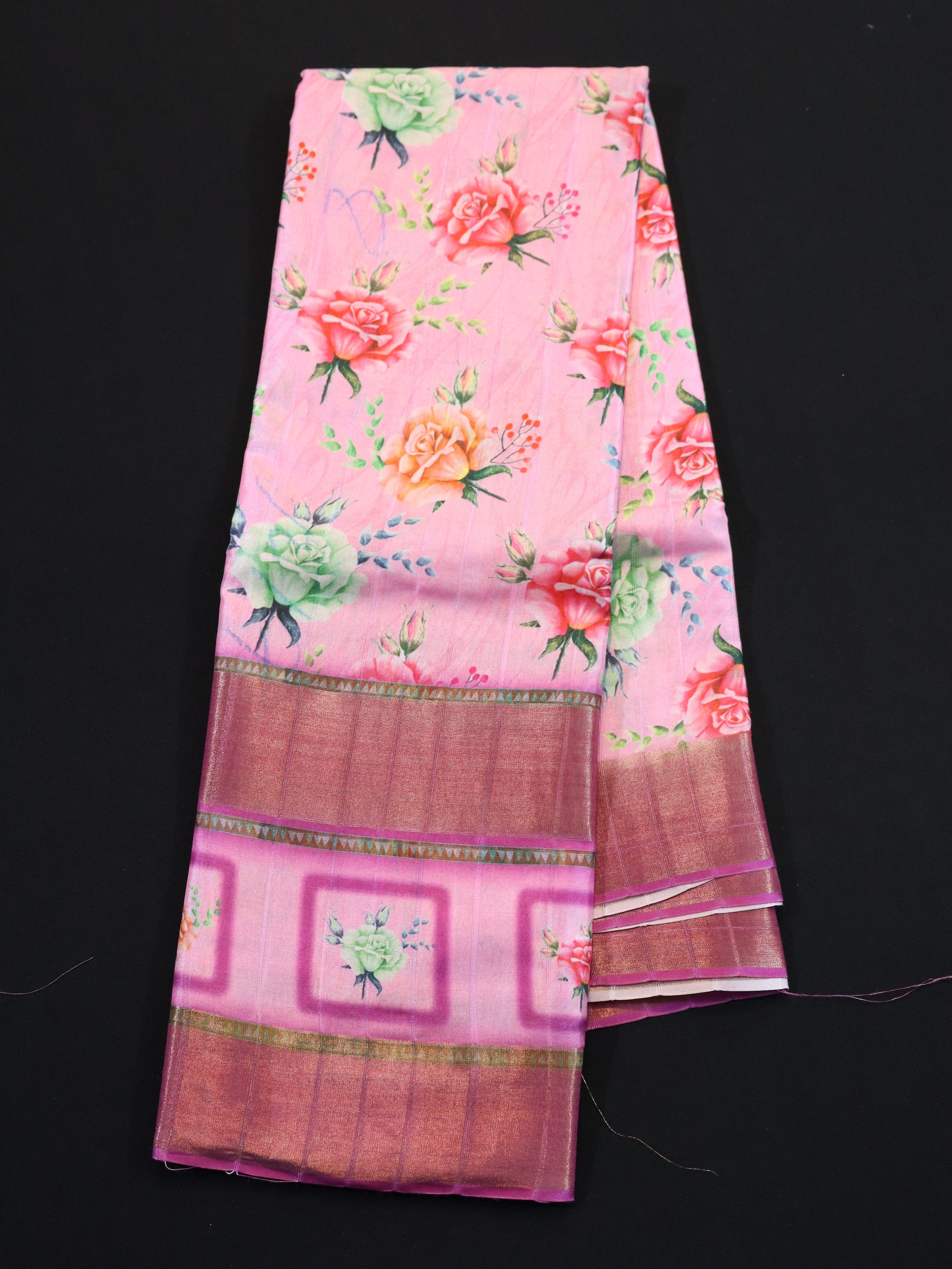 ZARI BORDER WITH DIGITAL PRINT BODY-PINK GREEN