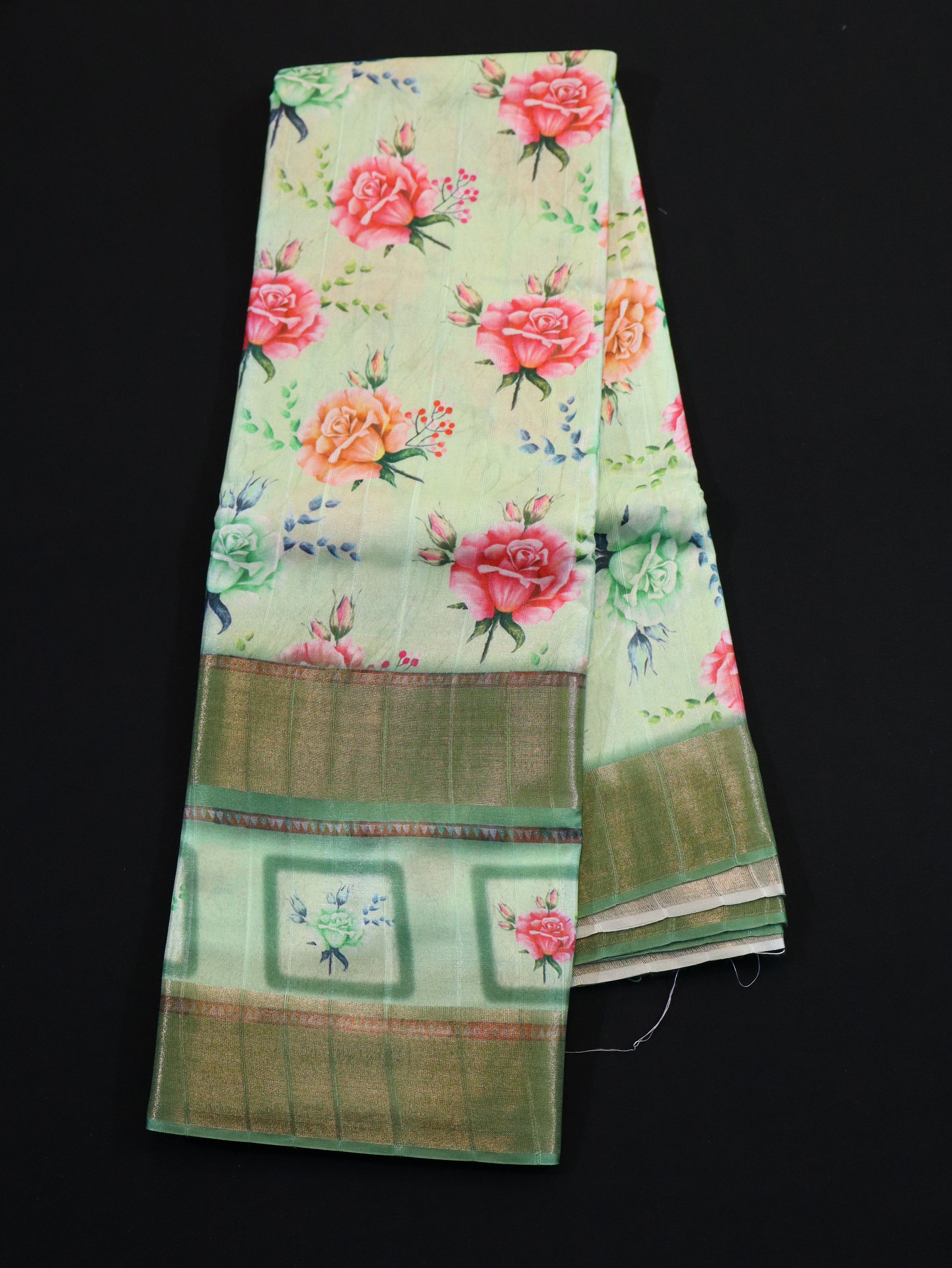 ZARI BORDER WITH DIGITAL PRINT BODY-GREEN ROSE