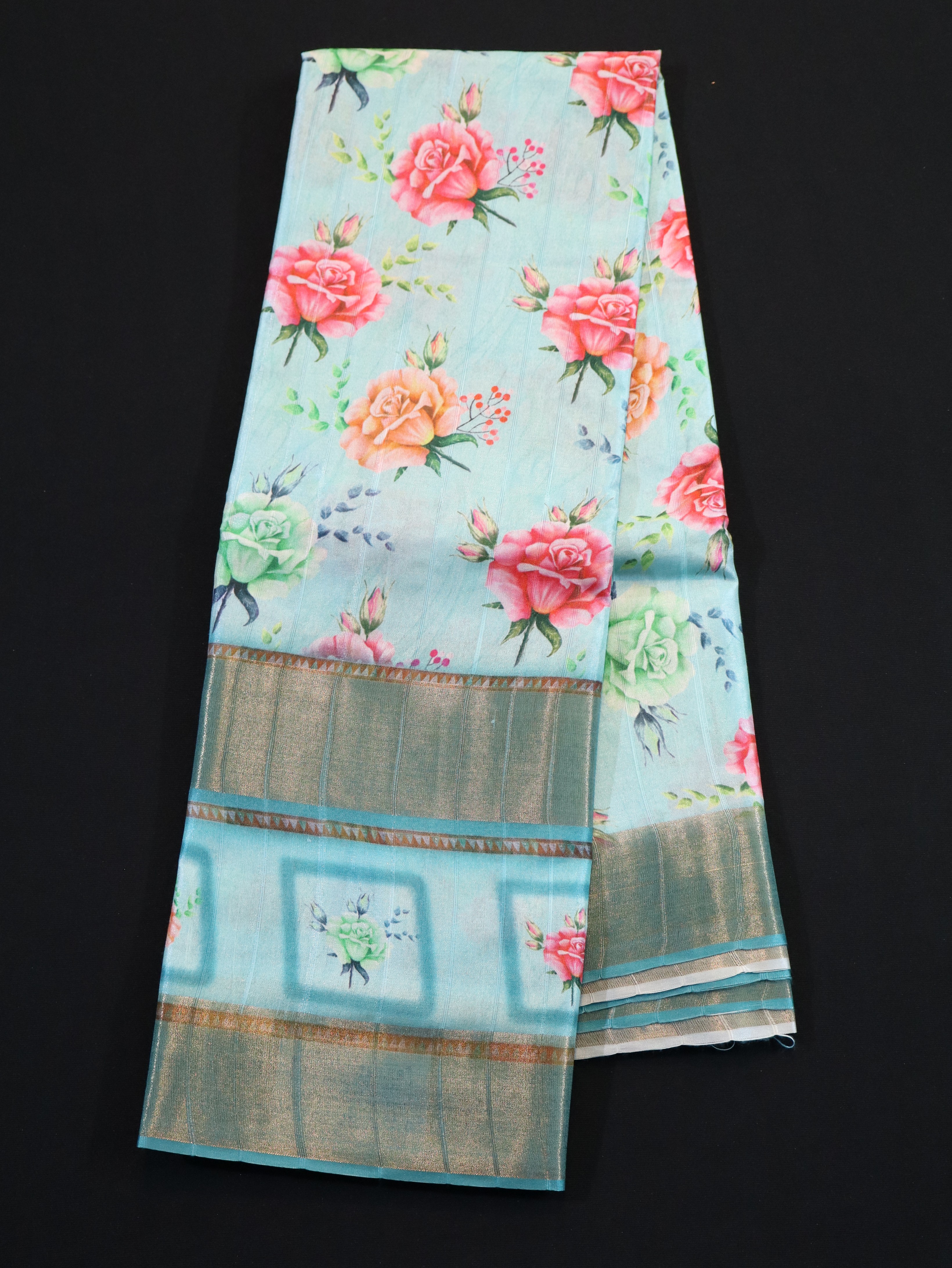 ZARI BORDER WITH DIGITAL PRINT BODY-CYAN ROSE