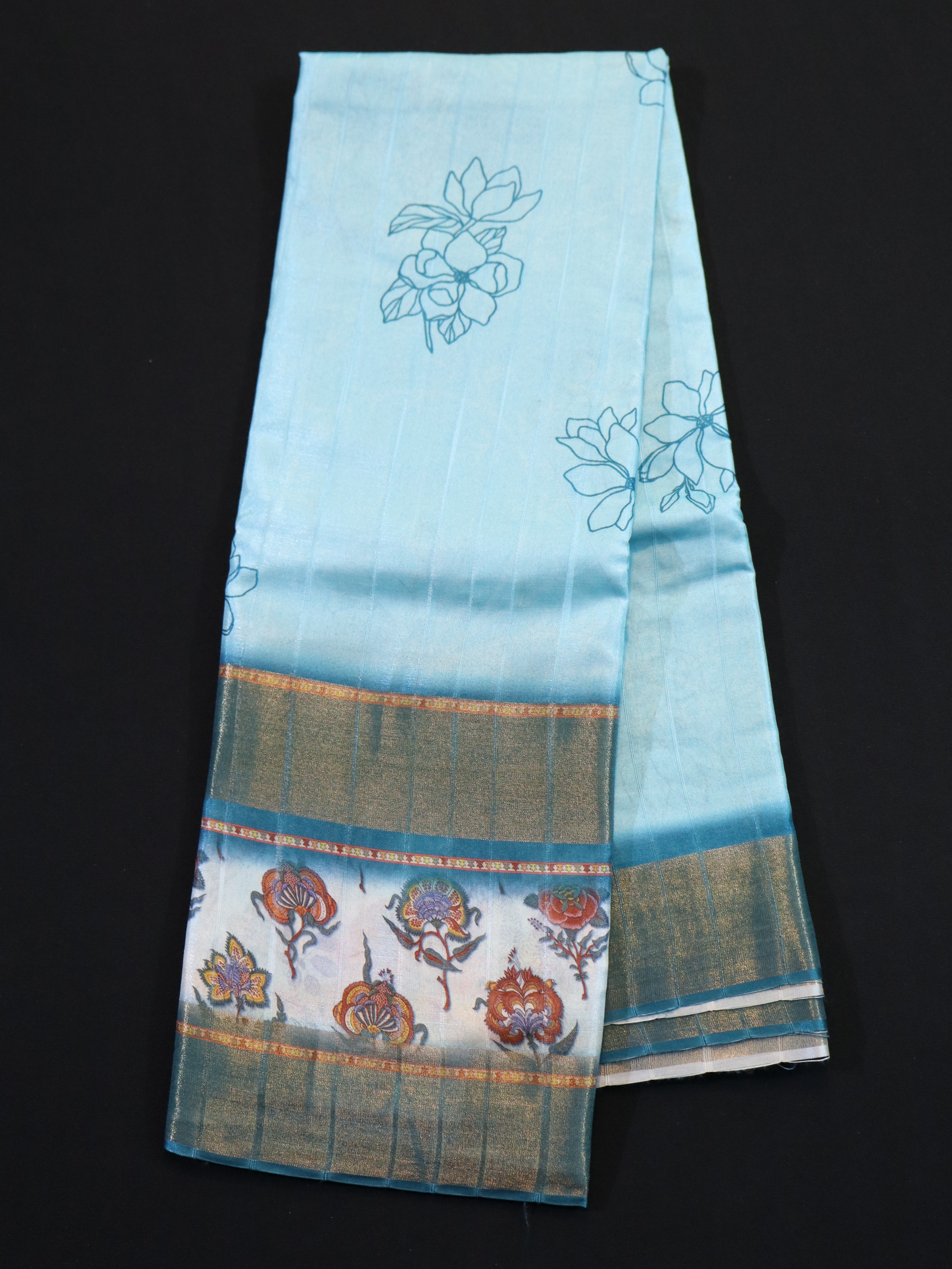 ZARI BORDER WITH DIGITAL PRINT BODY-CYAN BLUE