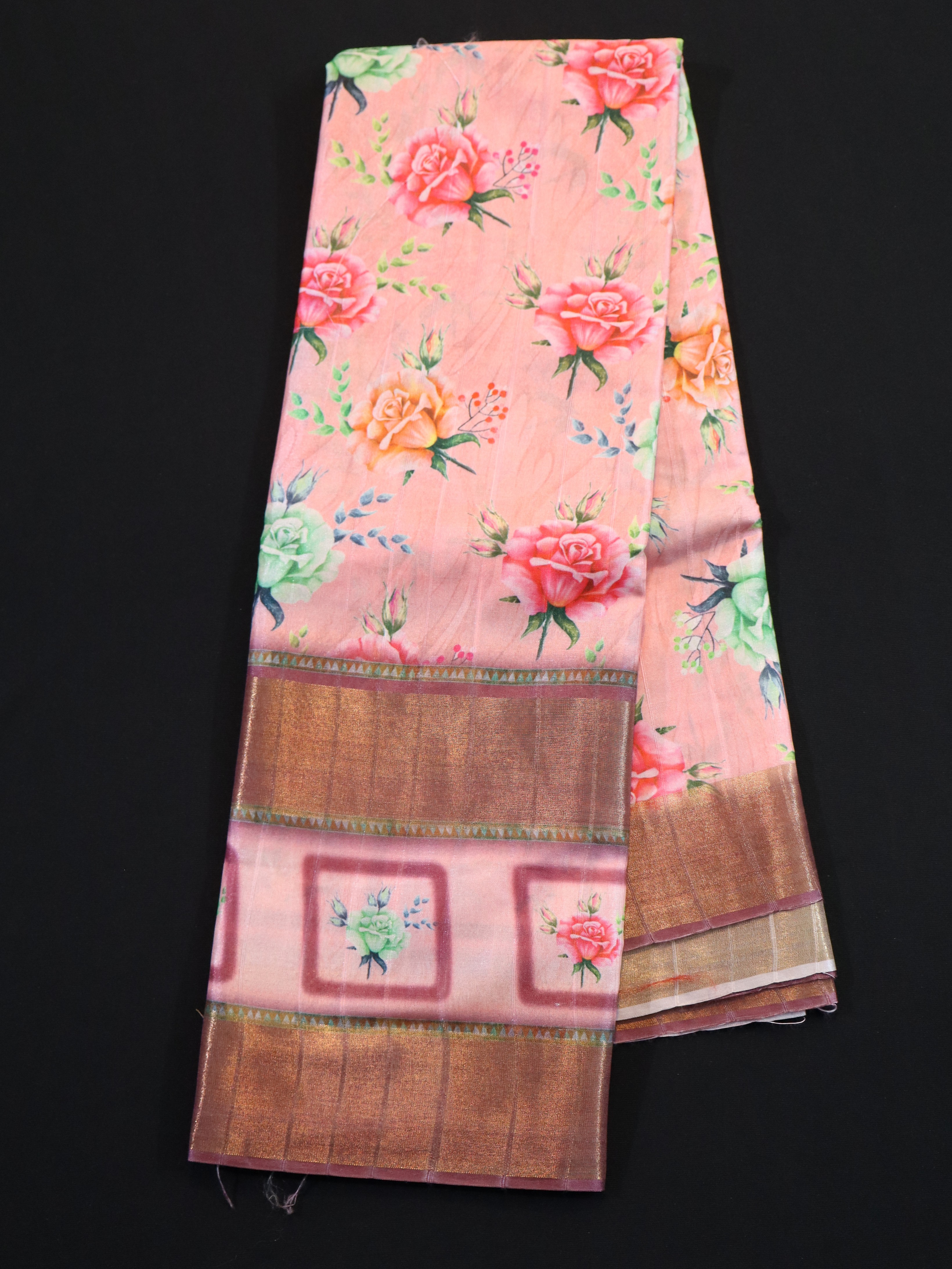 ZARI BORDER WITH DIGITAL PRINT BODY-ORANGE CHECKED