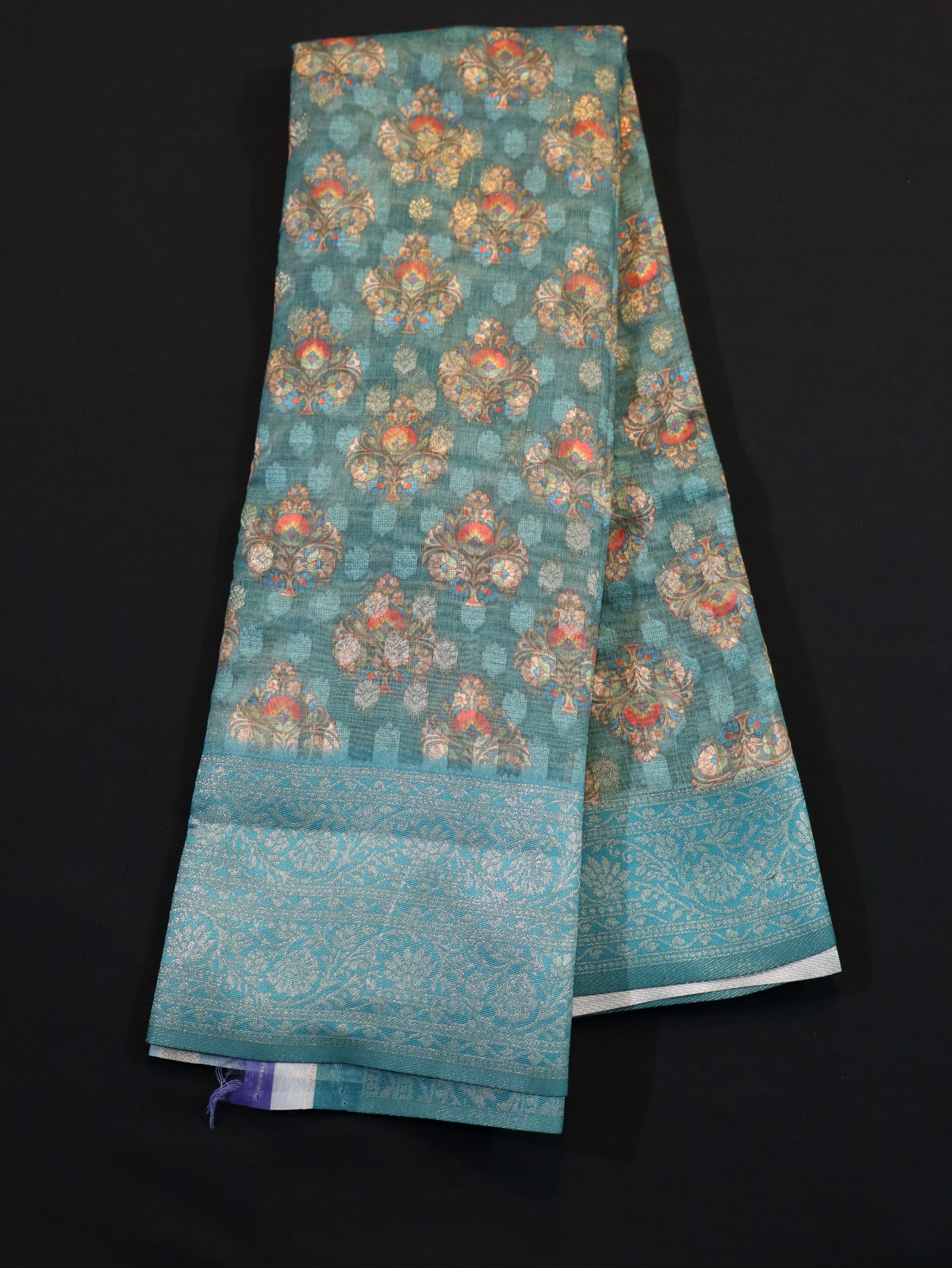 DHARMAVARAM BORDER WITH JANGLA BODY DESIGN-CYAN MUSTARD