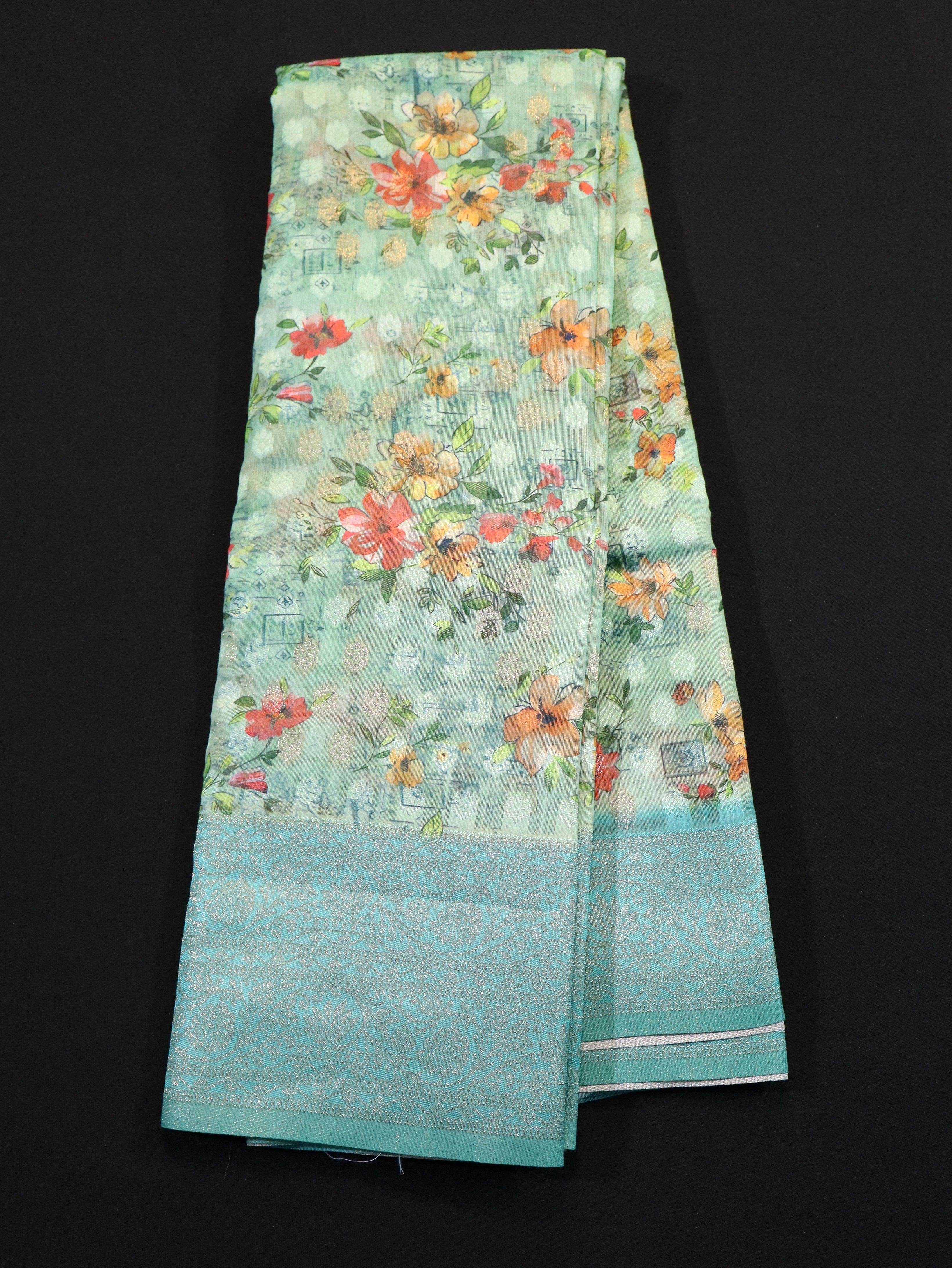 DHARMAVARAM BORDER WITH JANGLA BODY DESIGN-CYAN RED