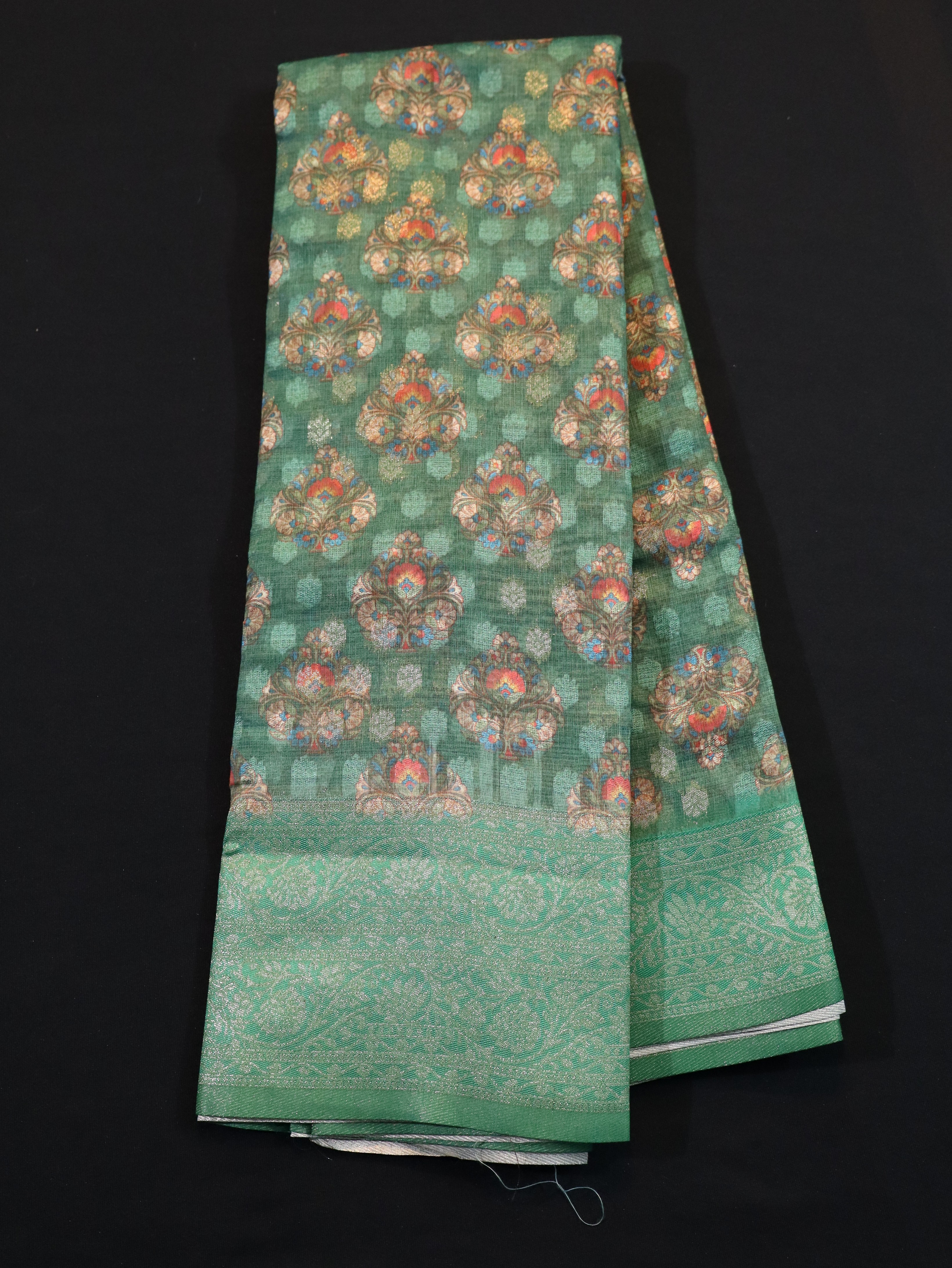 DHARMAVARAM BORDER WITH JANGLA BODY DESIGN-GREY RAMAR GREEN