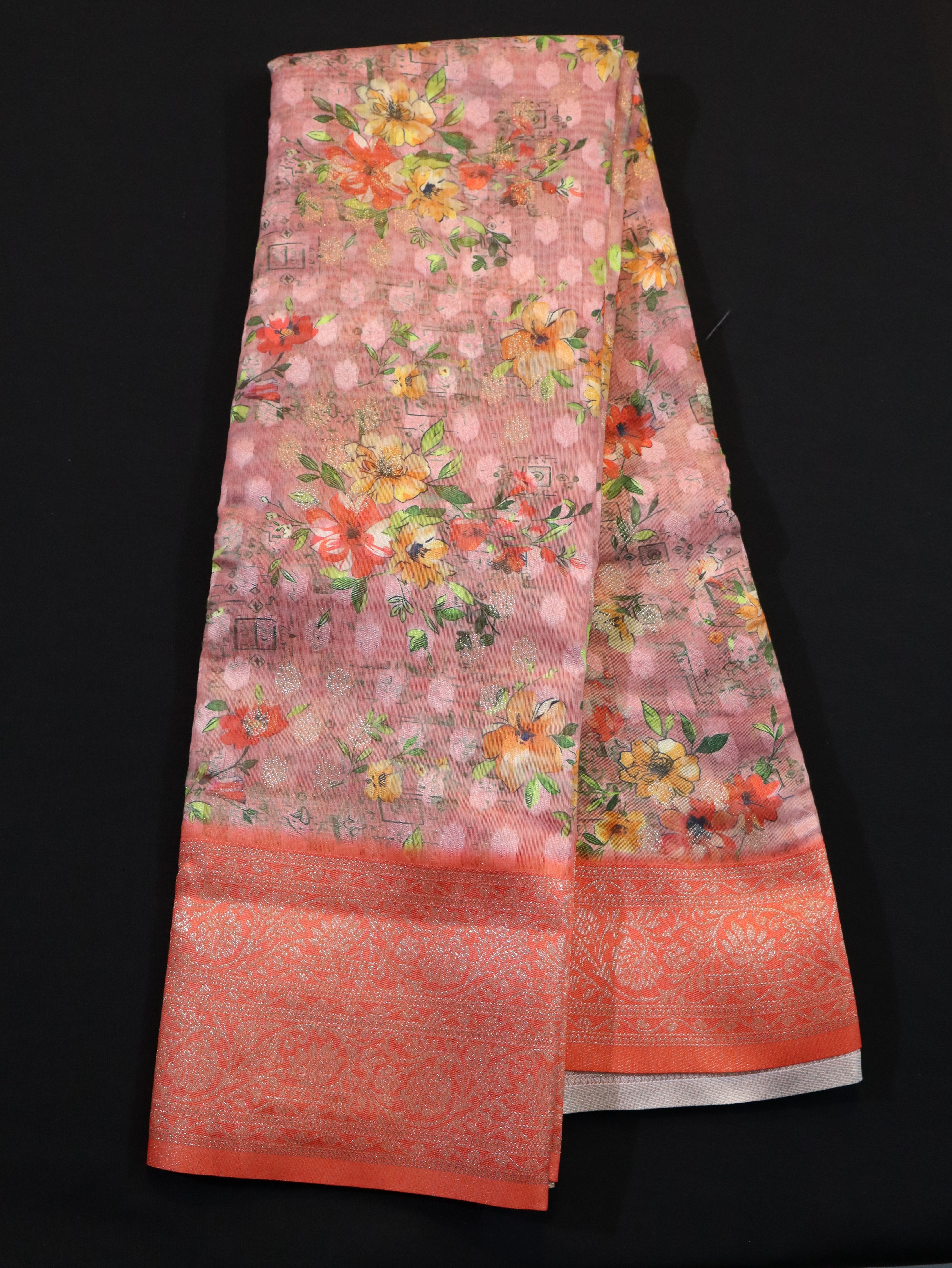 DHARMAVARAM BORDER WITH JANGLA BODY DESIGN-ORANGE MULTI