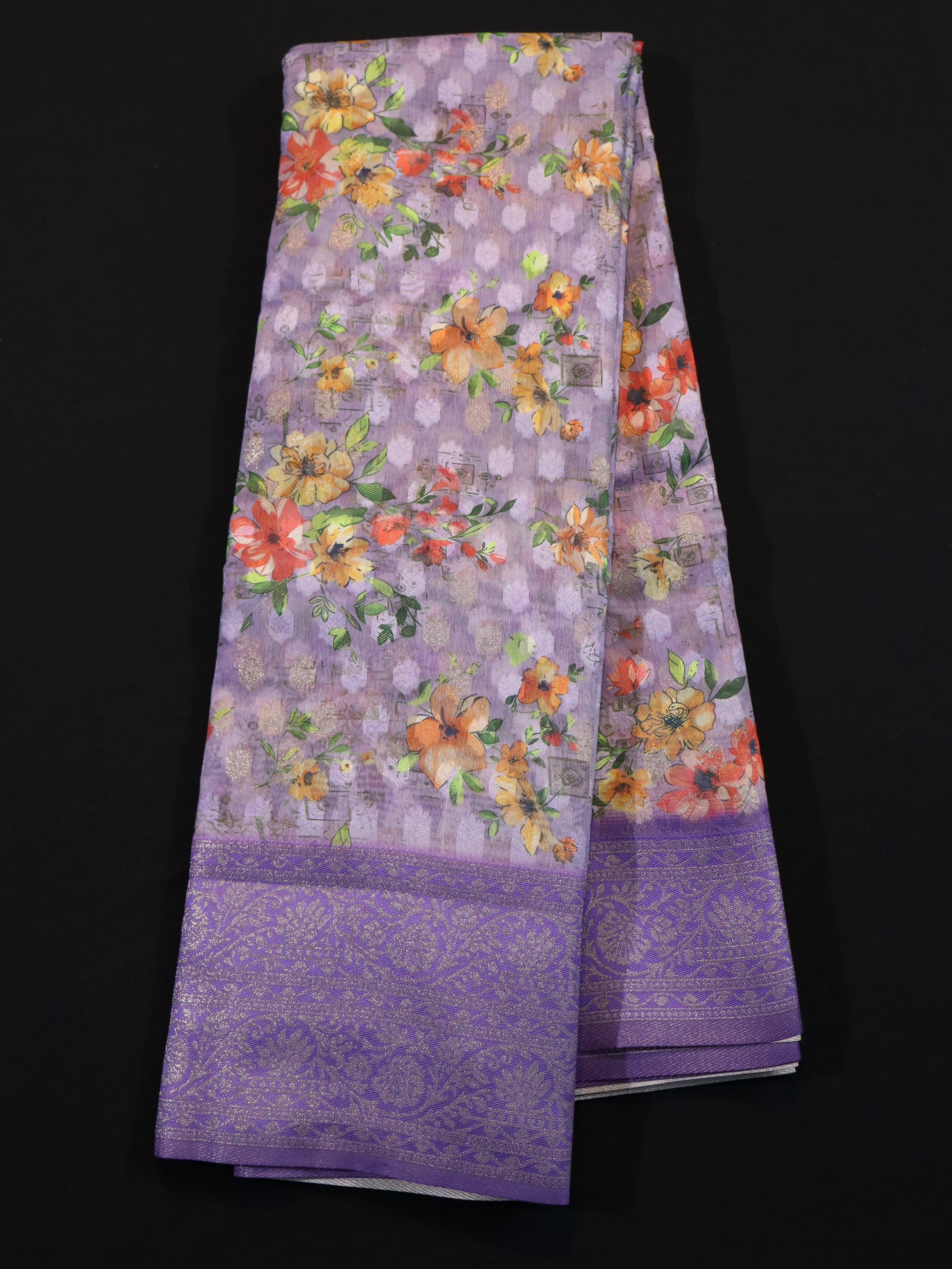 DHARMAVARAM BORDER WITH JANGLA BODY DESIGN-GREY LAVANDER MULTI