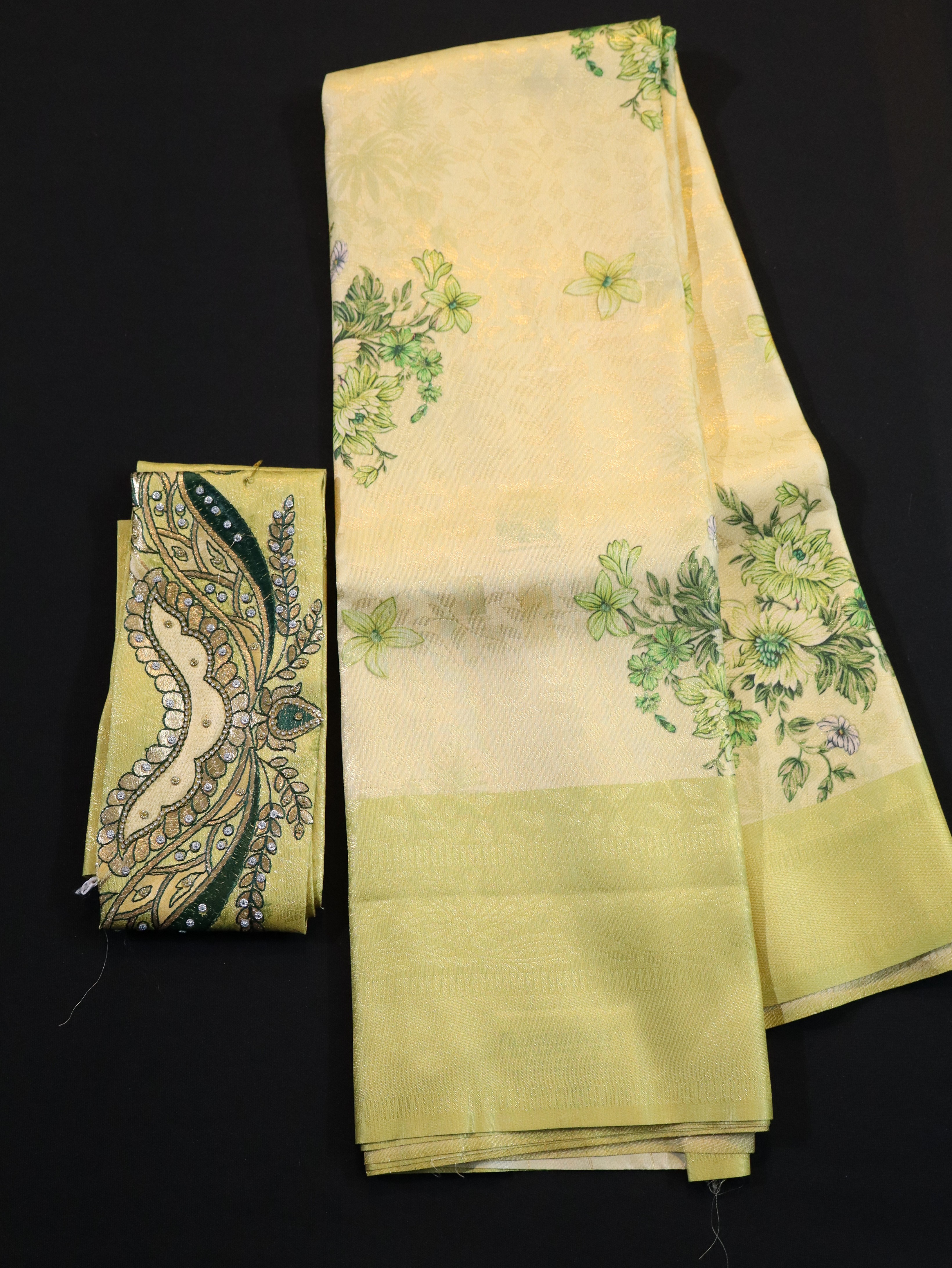 ARANI BORDER WITH PRINTED BODY AND DESIGNER BLOUSE-TUSSAR GREEN