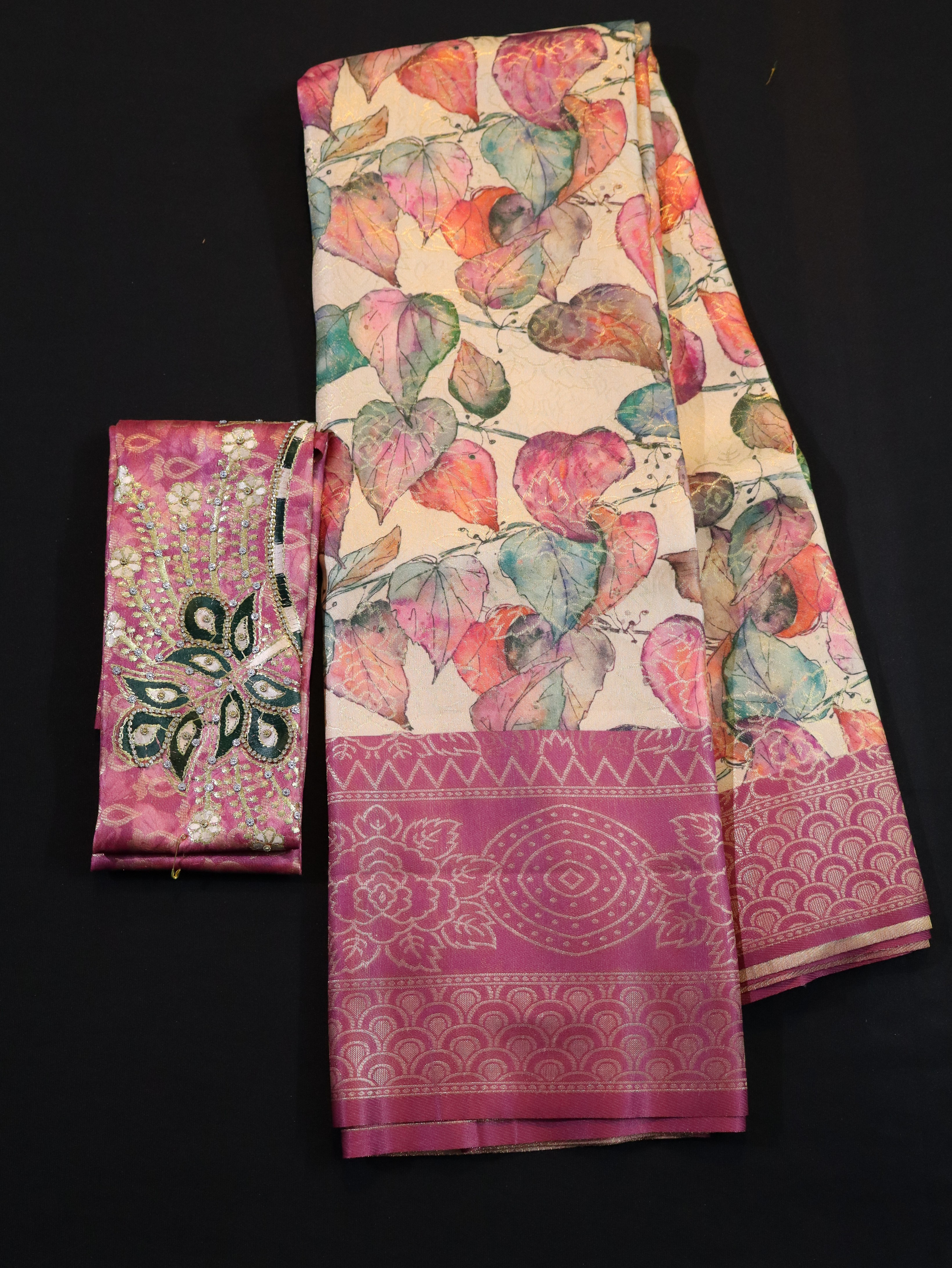 ARANI BORDER WITH PRINTED BODY AND DESIGNER BLOUSE-PINK ARAKU