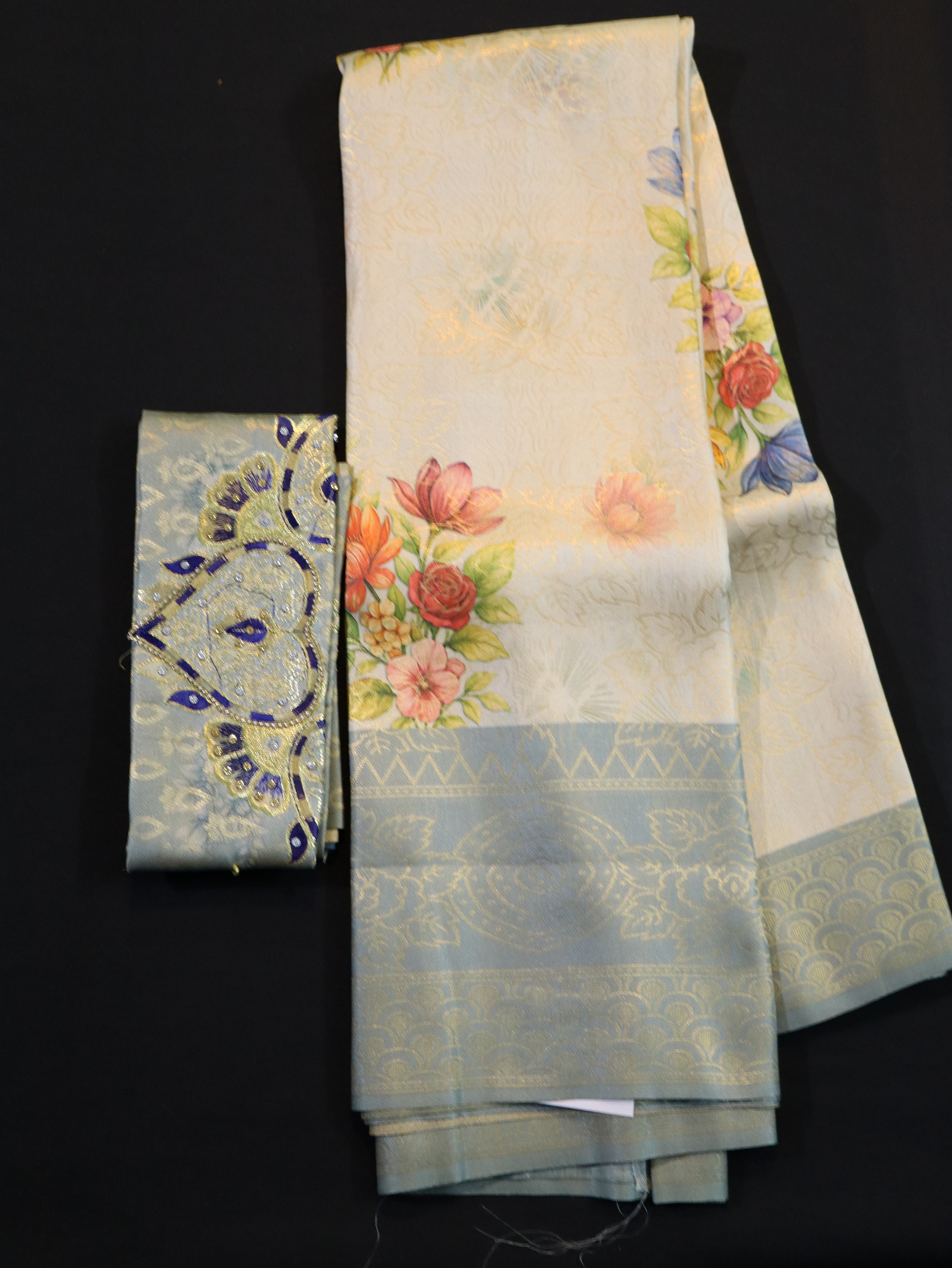 ARANI BORDER WITH PRINTED BODY AND DESIGNER BLOUSE-SANDAL ORANGE