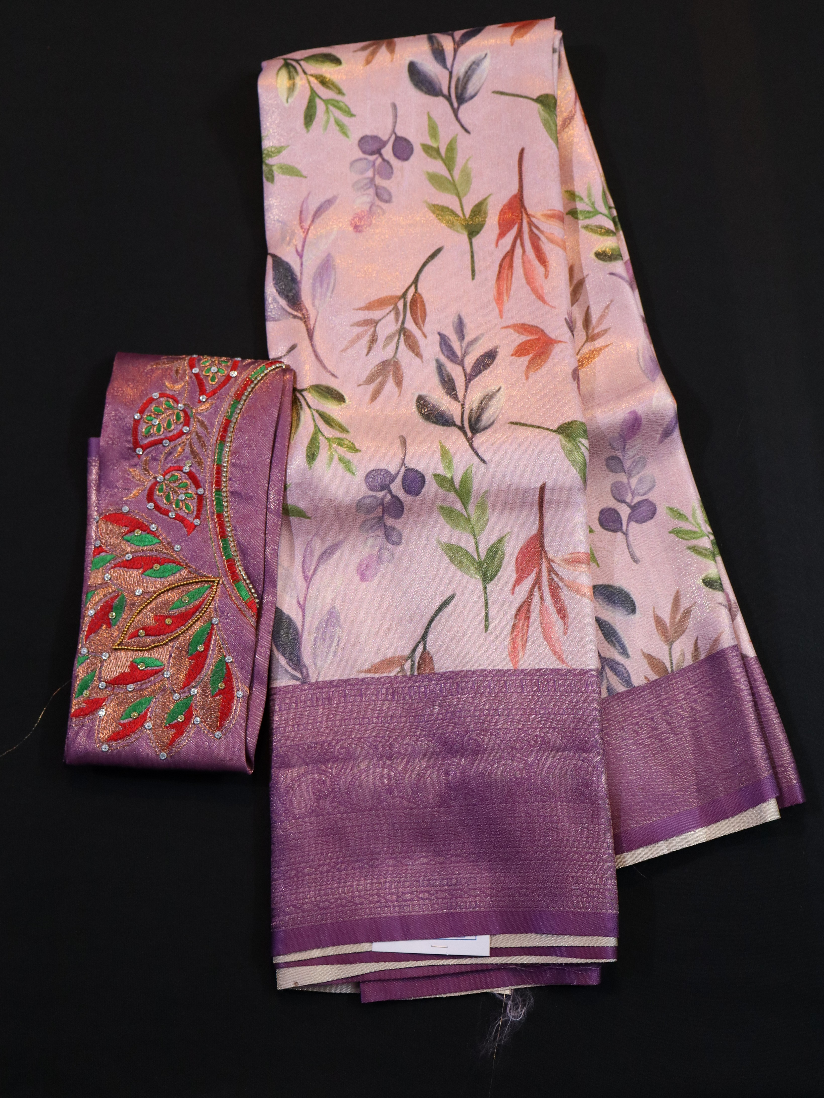 ARANI BORDER WITH PRINTED BODY AND DESIGNER BLOUSE-PINK WINE RED
