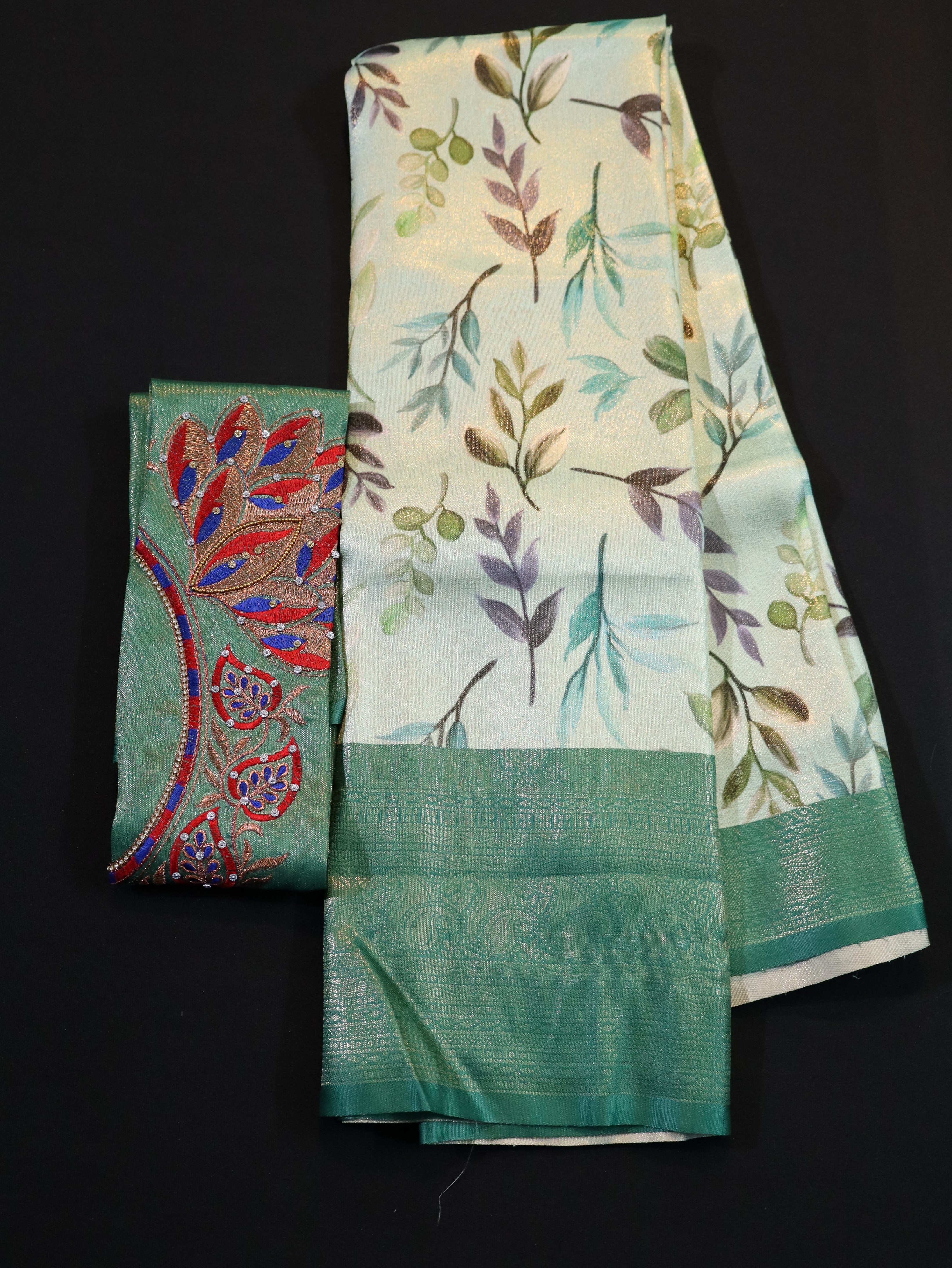 ARANI BORDER WITH PRINTED BODY AND DESIGNER BLOUSE-GREEN