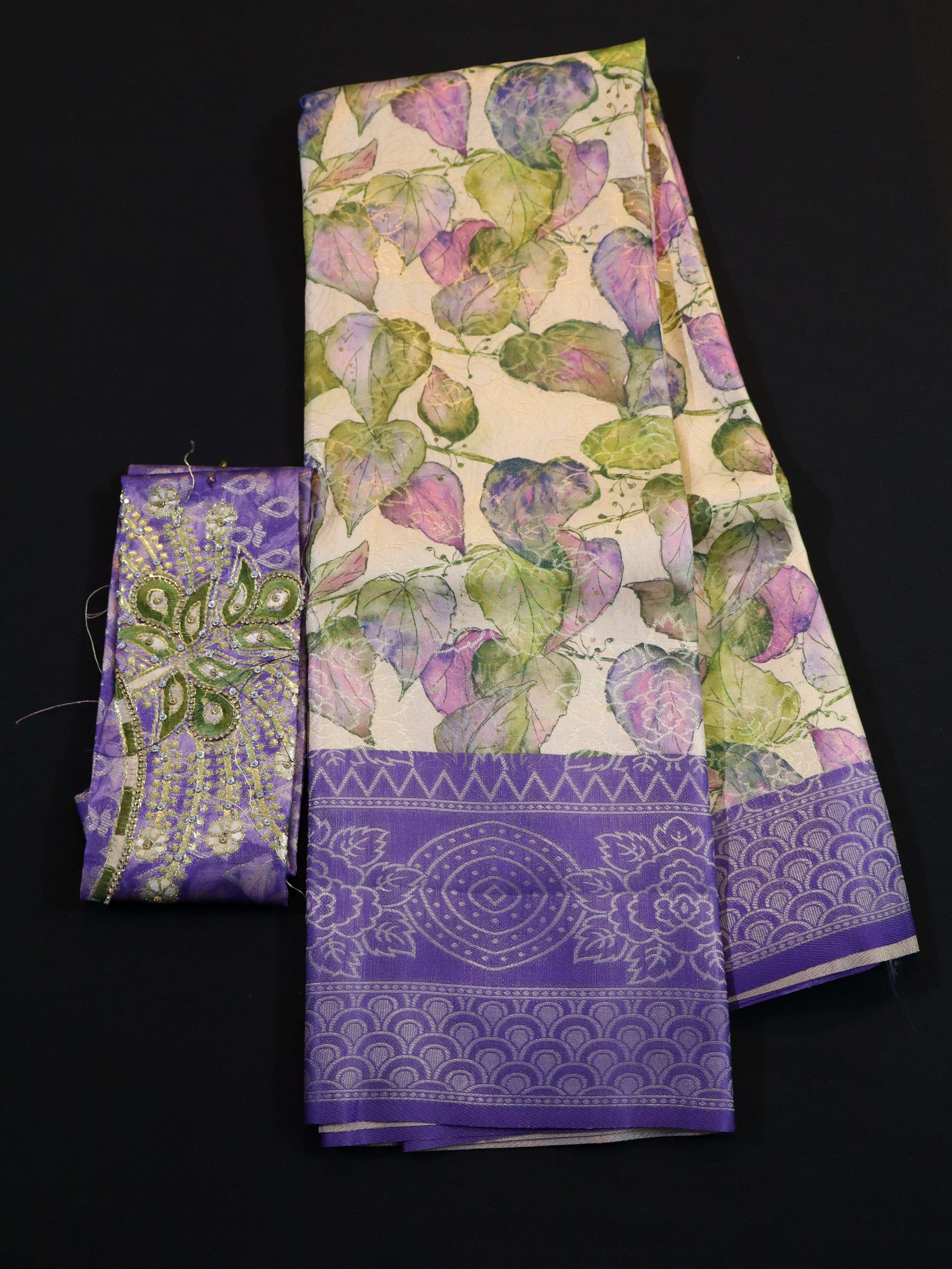 ARANI BORDER WITH PRINTED BODY AND DESIGNER BLOUSE-TUSSAR BLUE