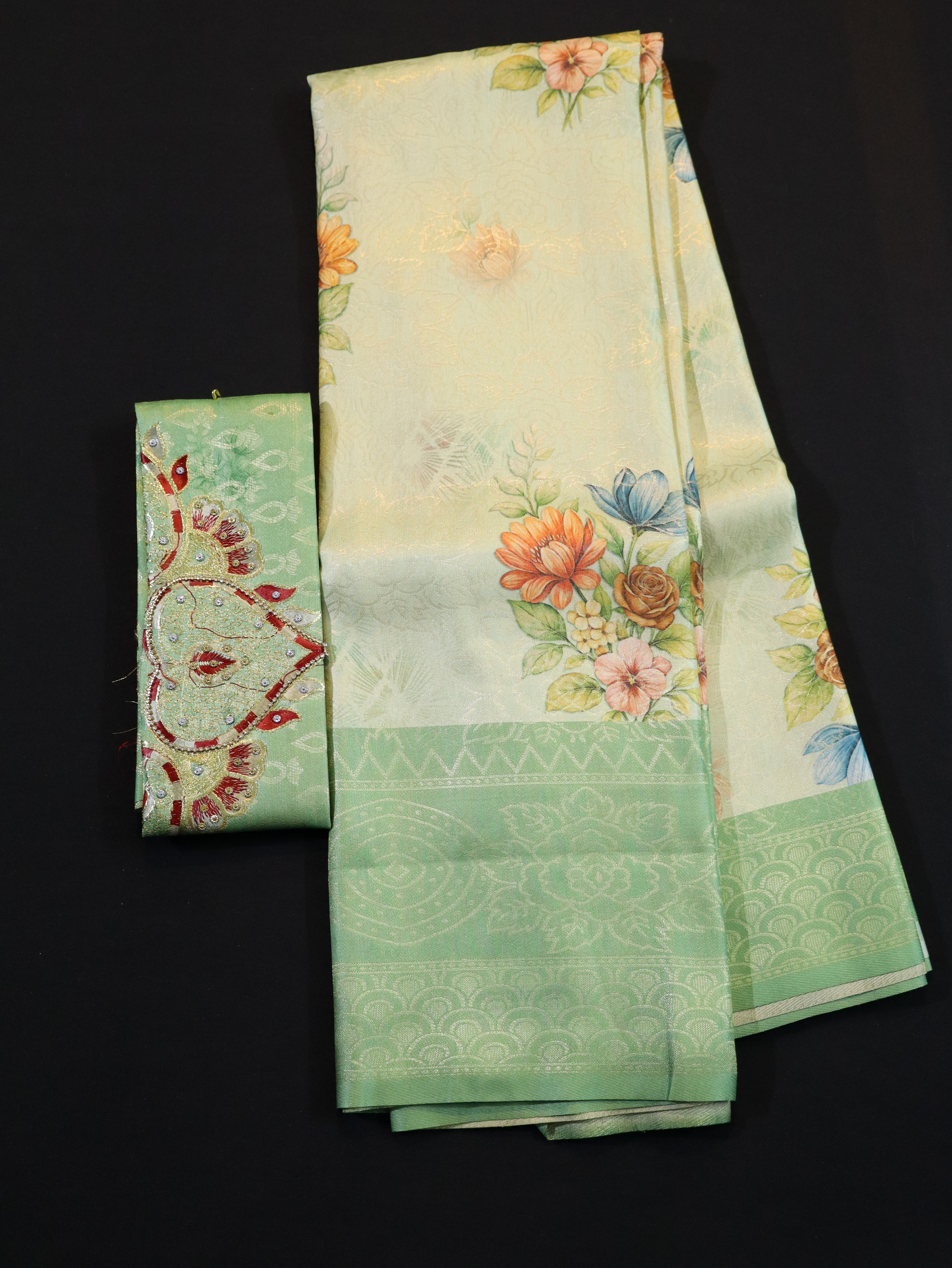 ARANI BORDER WITH PRINTED BODY AND DESIGNER BLOUSE-GRAPE