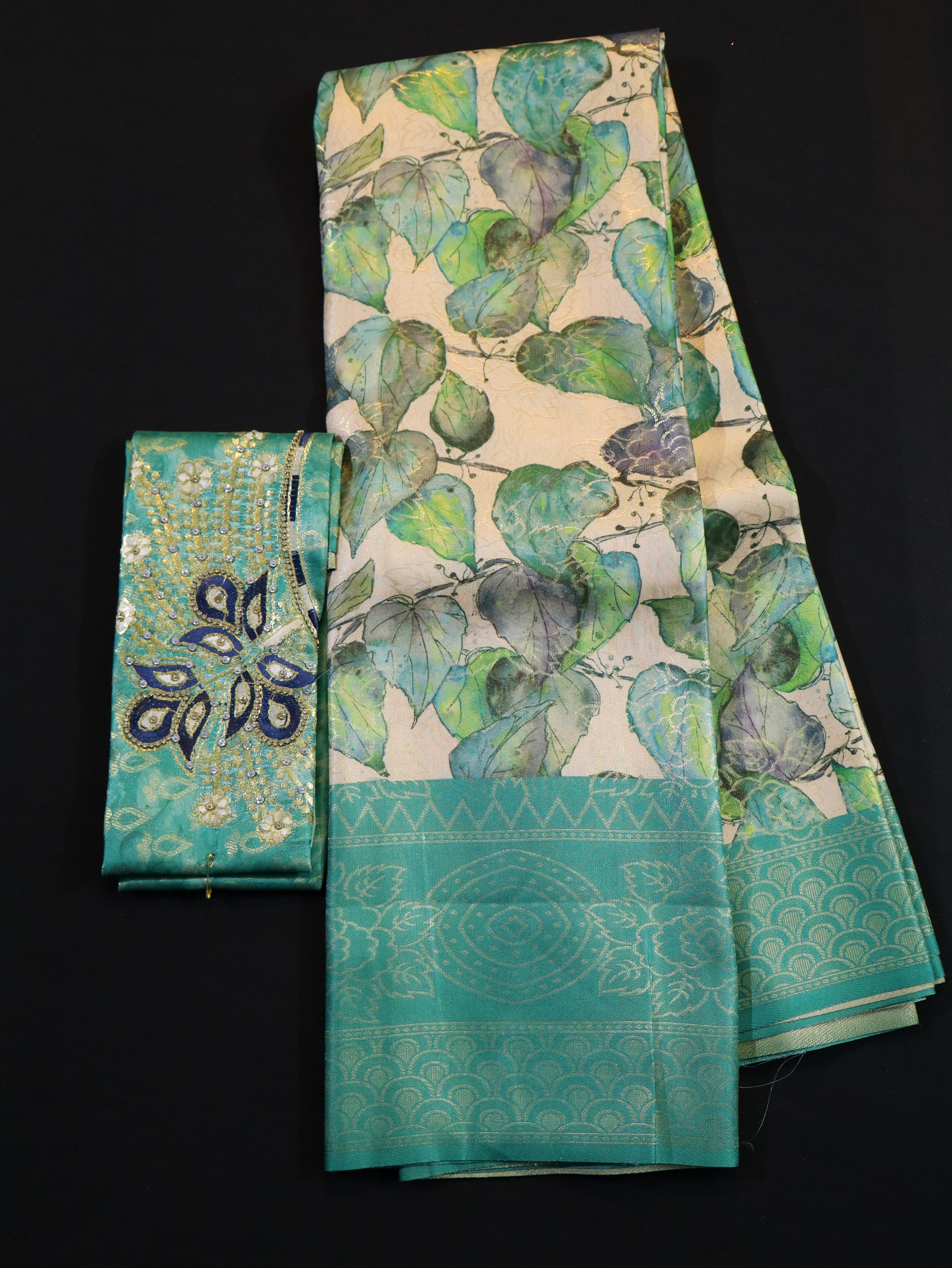 ARANI BORDER WITH PRINTED BODY AND DESIGNER BLOUSE- RAMAR GREEN
