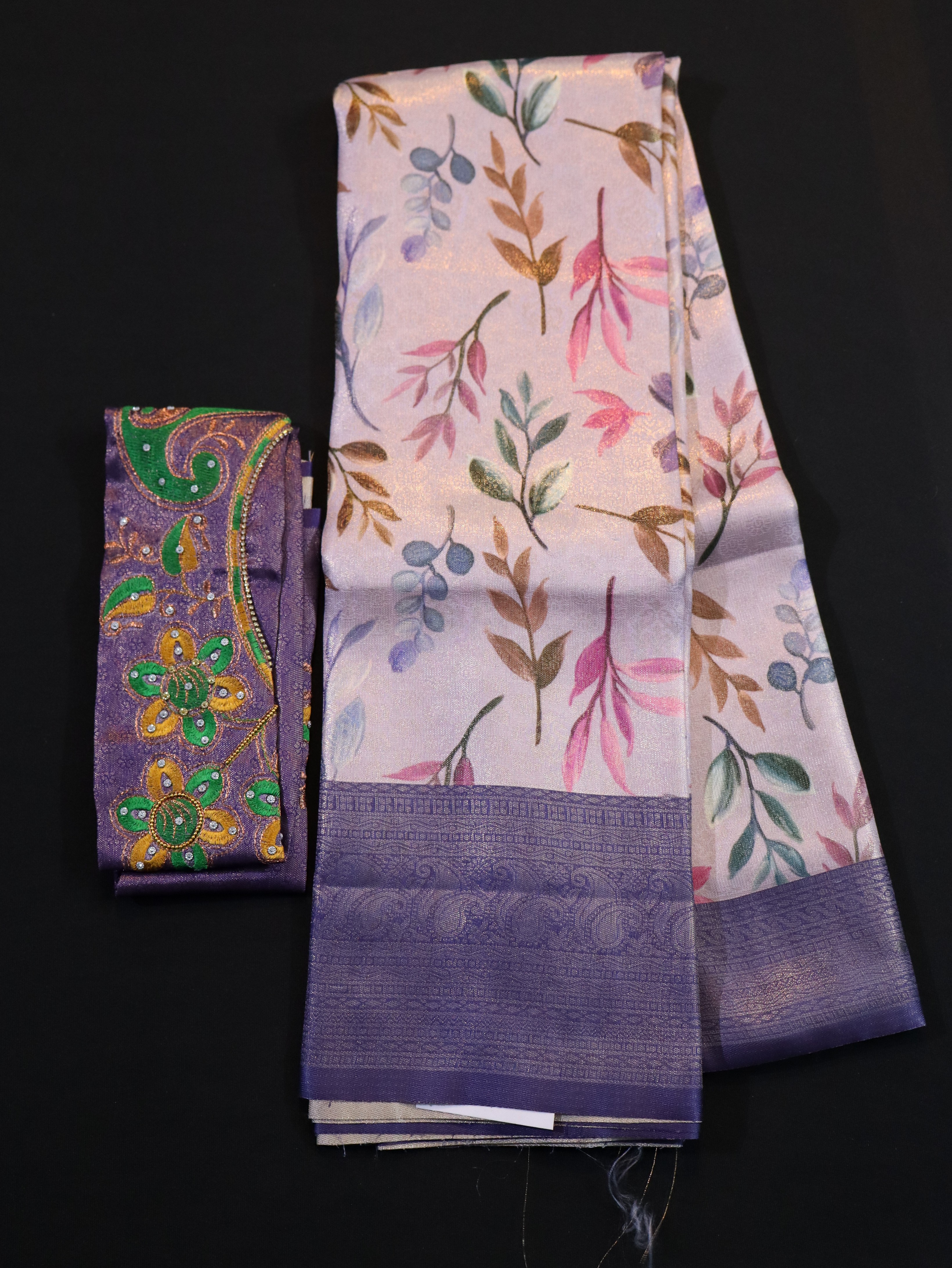 ARANI BORDER WITH PRINTED BODY AND DESIGNER BLOUSE- PINK BLUE