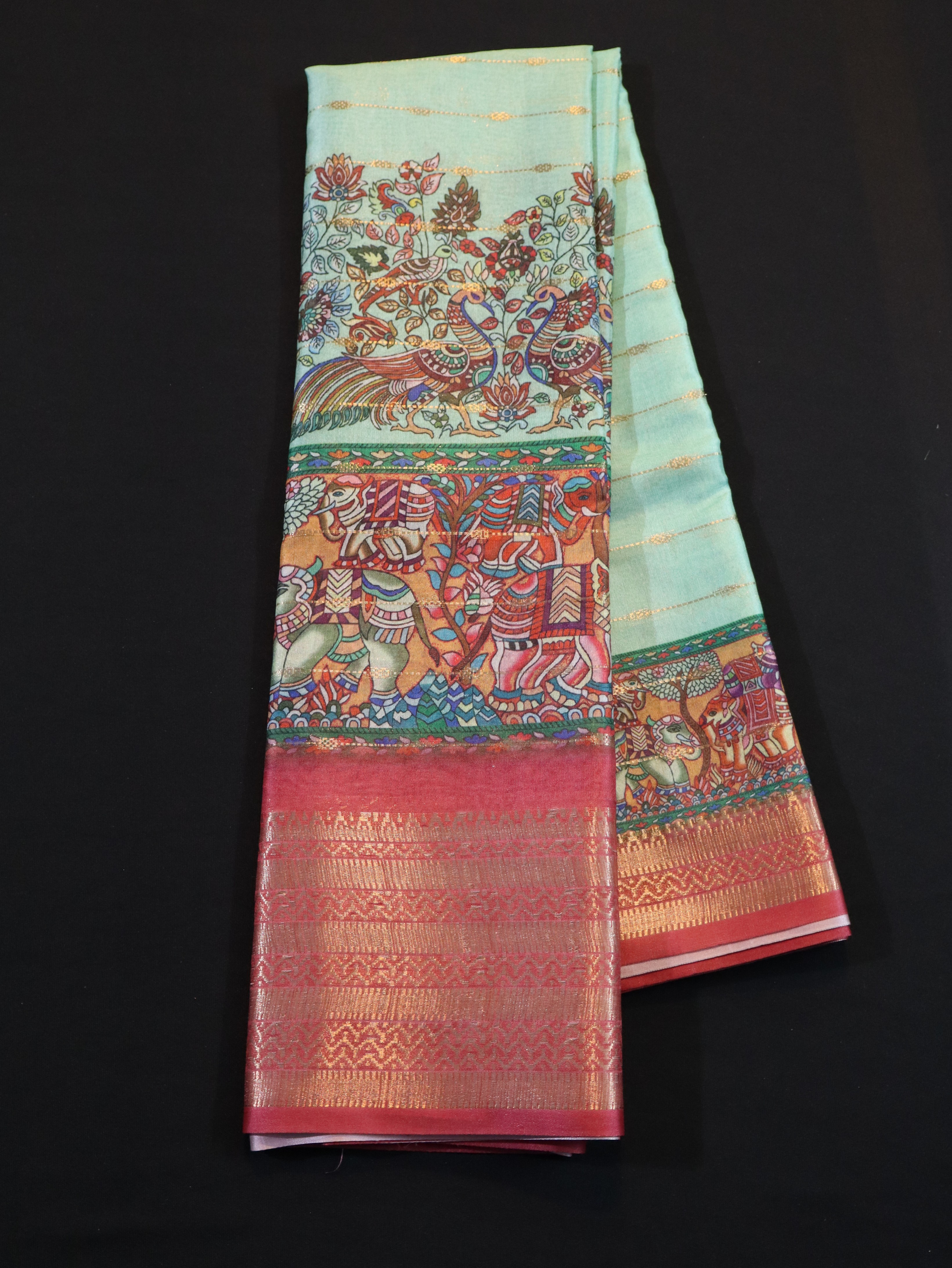 SOFT BANARASI SILK WITH KALAMKARI PRINTS-CYAN