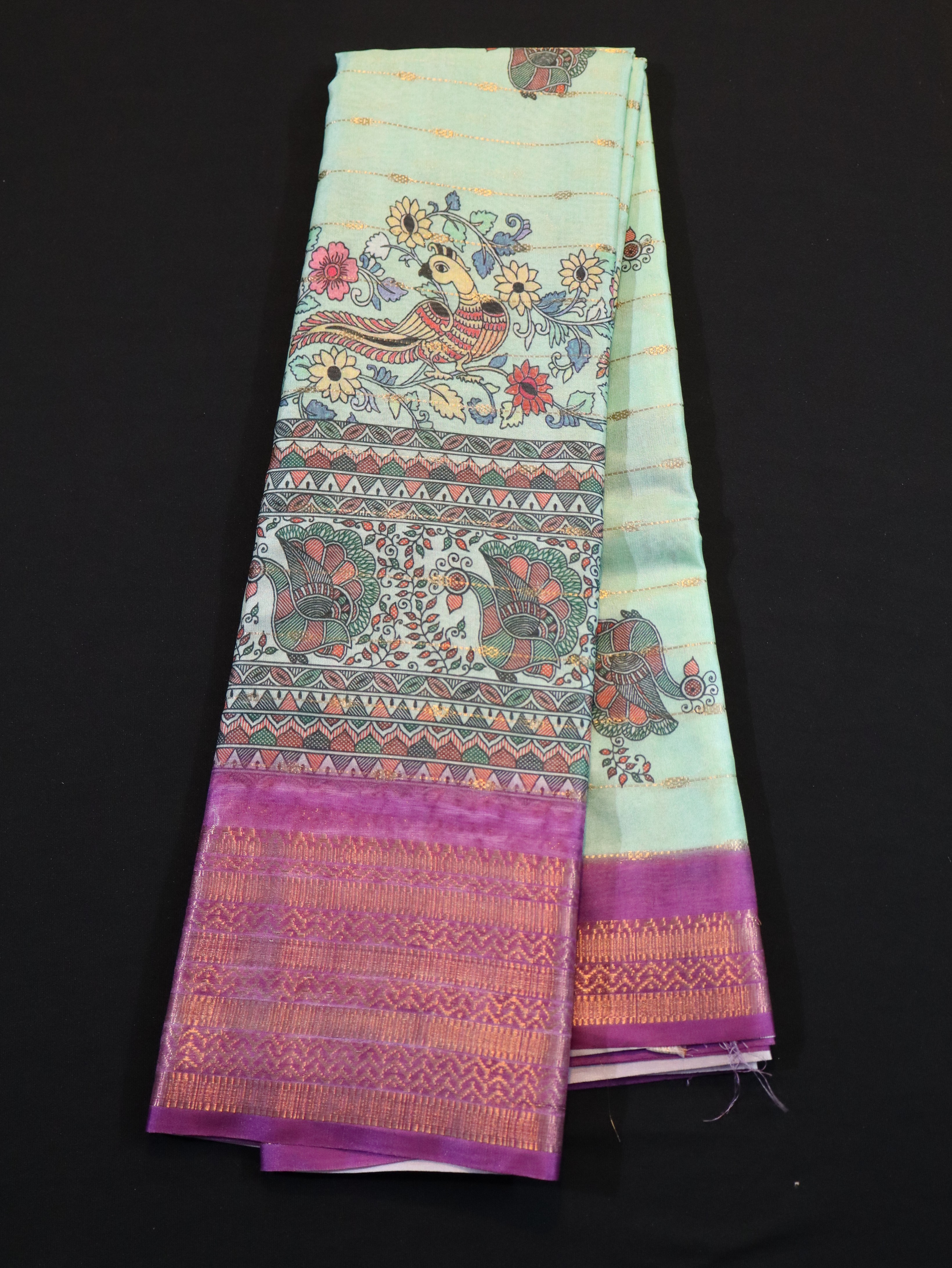 SOFT BANARASI SILK WITH KALAMKARI PRINTS-CYAN ROSE