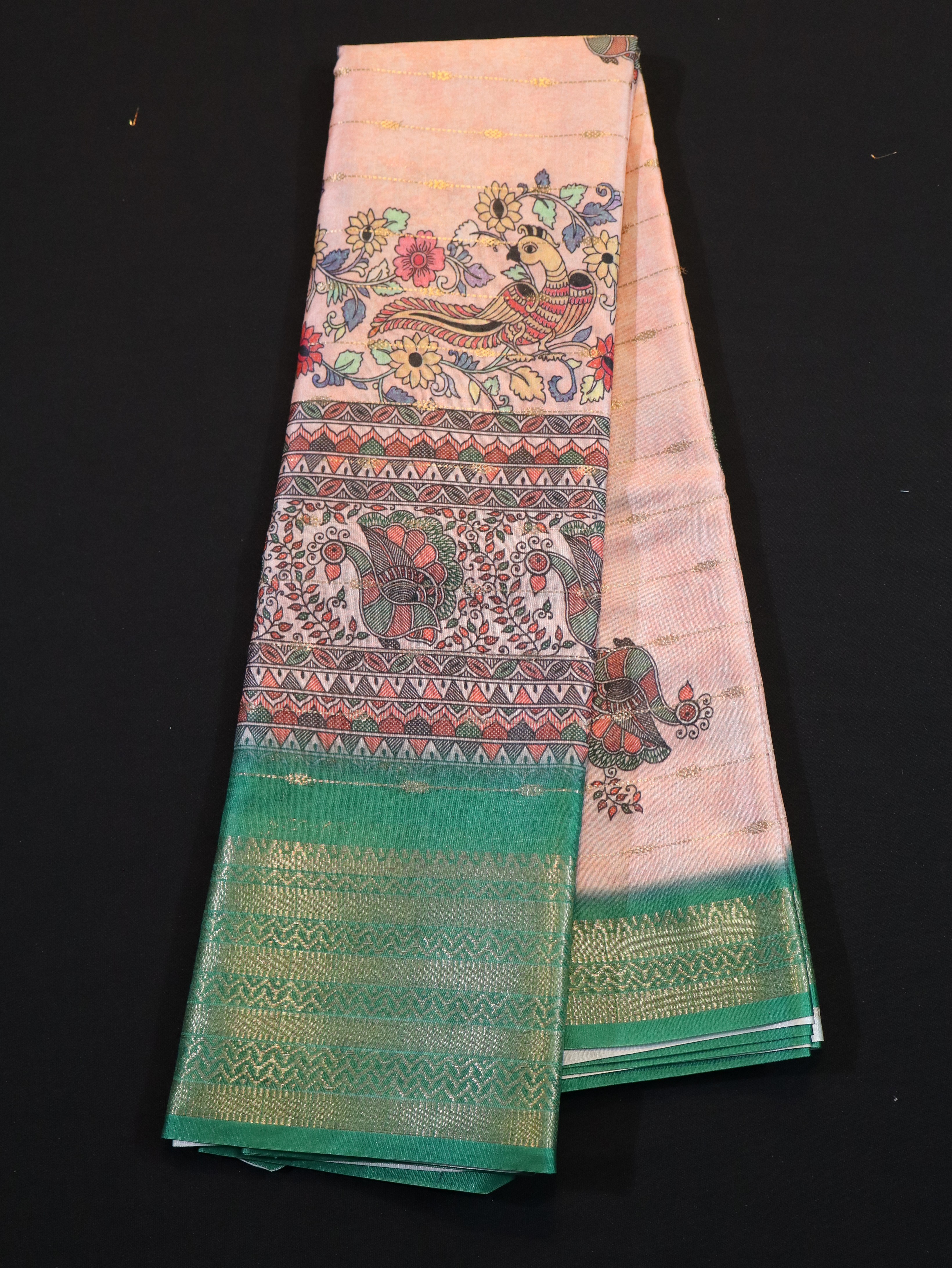 SOFT BANARASI SILK WITH KALAMKARI PRINTS-SANDAL GREEN