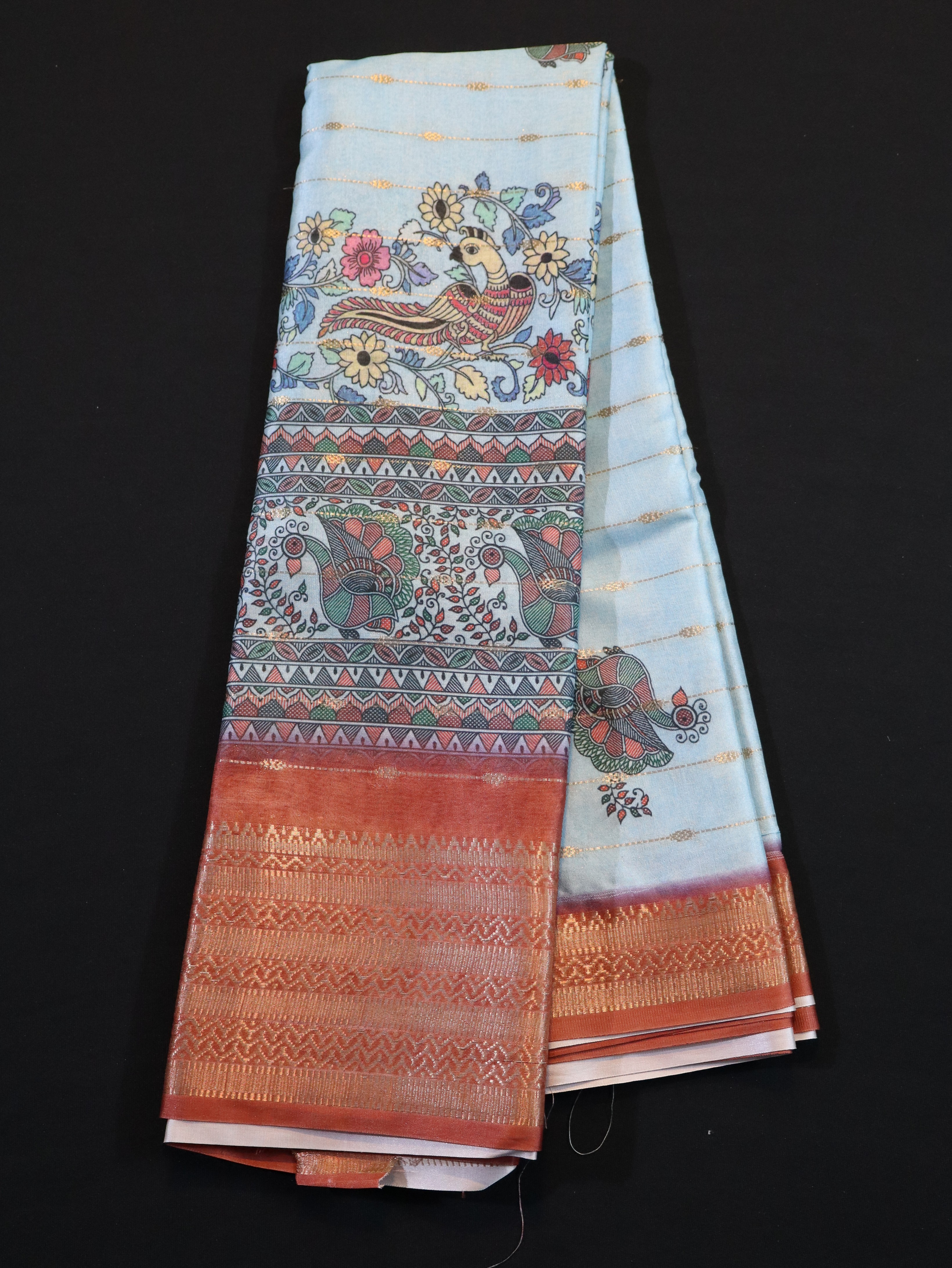 SOFT BANARASI SILK WITH KALAMKARI PRINTS-PASTEL BLUE