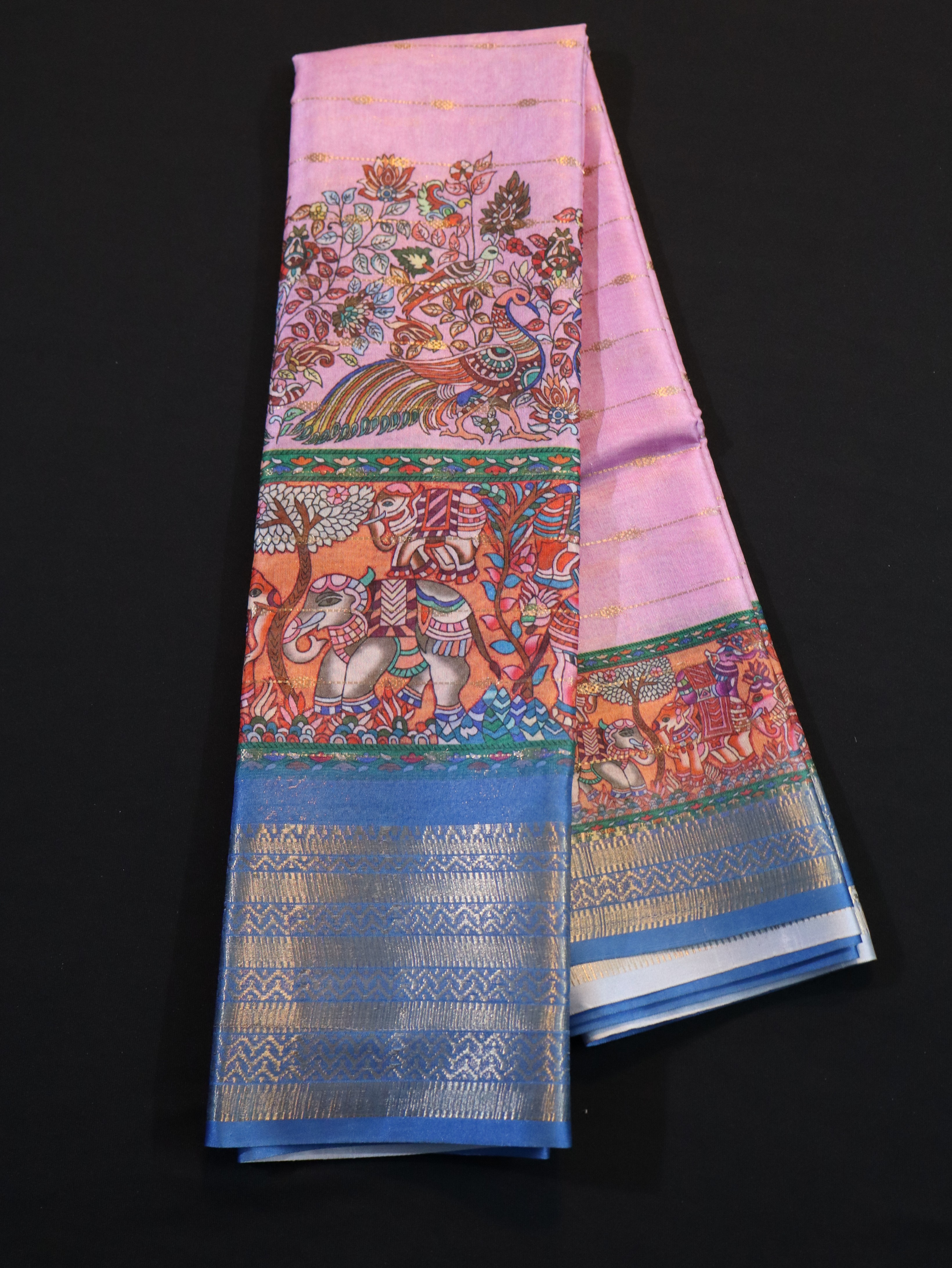 SOFT BANARASI SILK WITH KALAMKARI PRINTS-PINK BLUE