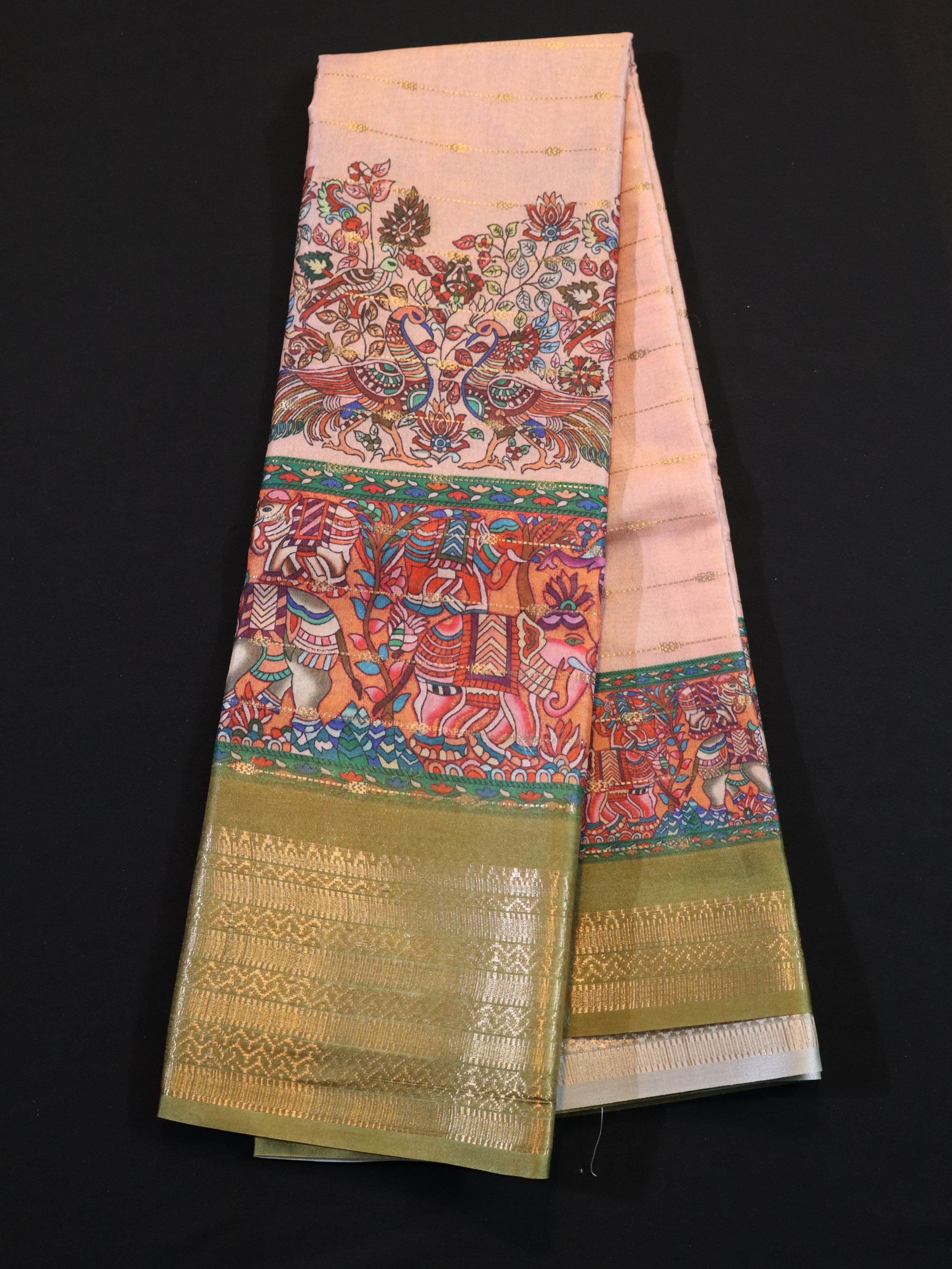 SOFT BANARASI SILK WITH KALAMKARI PRINTS-SANDAL MUSTARD