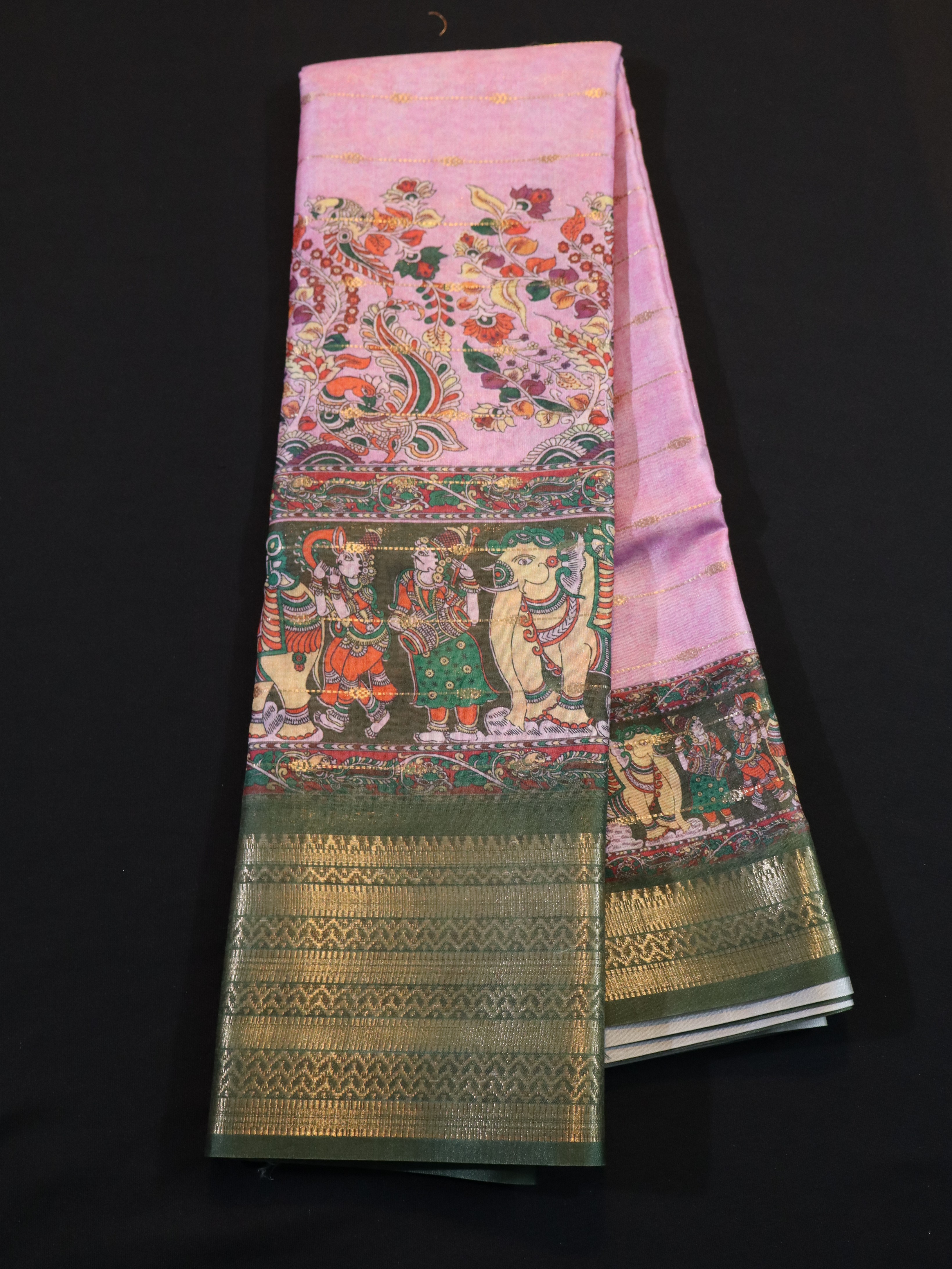 SOFT BANARASI SILK WITH KALAMKARI PRINTS-PINK GREEN